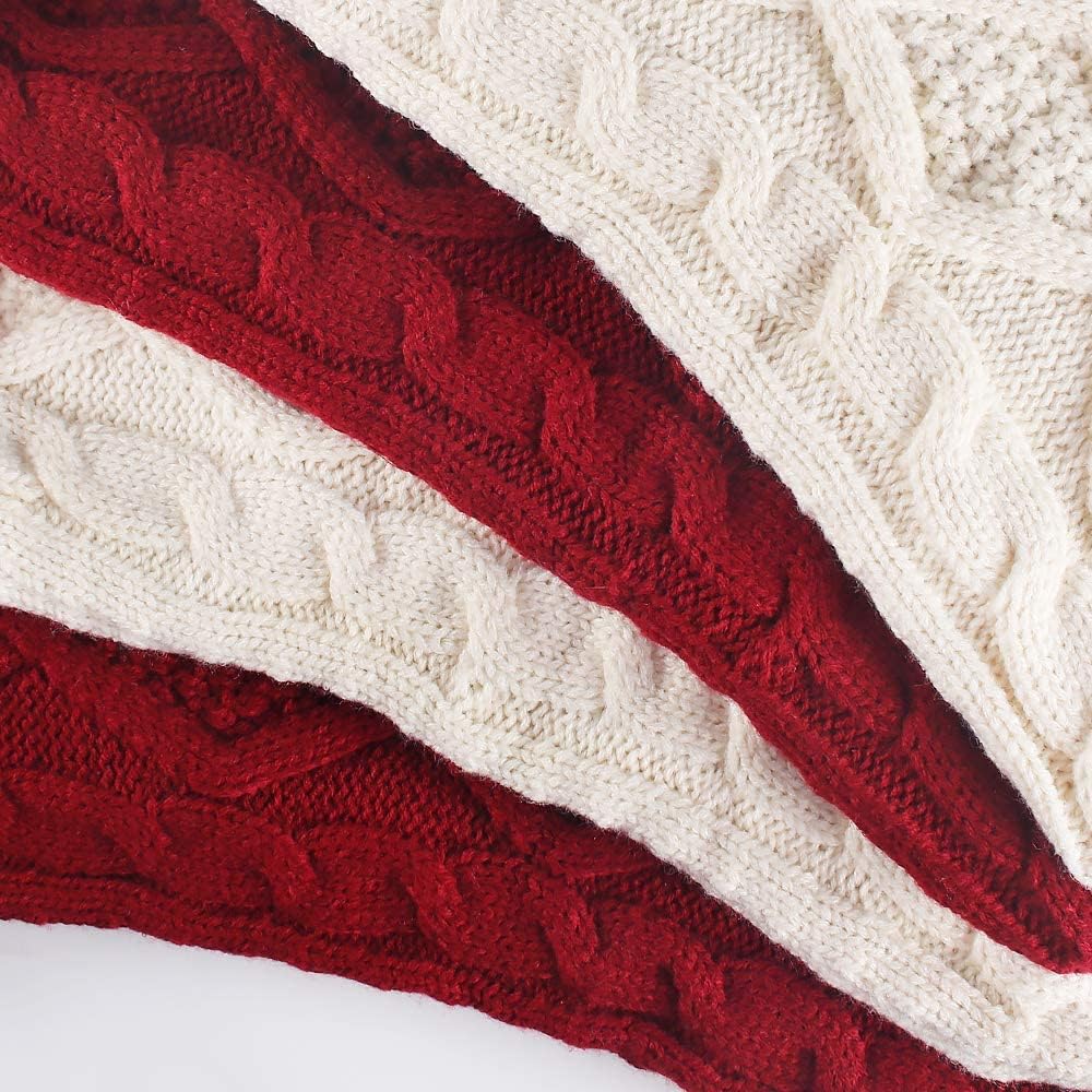 Meriwoods Christmas Stockings, 6 Pack 15 Inches Small Cable Knit Knitted Stockings, Rustic Xmas Farmhouse Decorations for Family Holiday Country Home Decor, Burgundy Red & Cream White