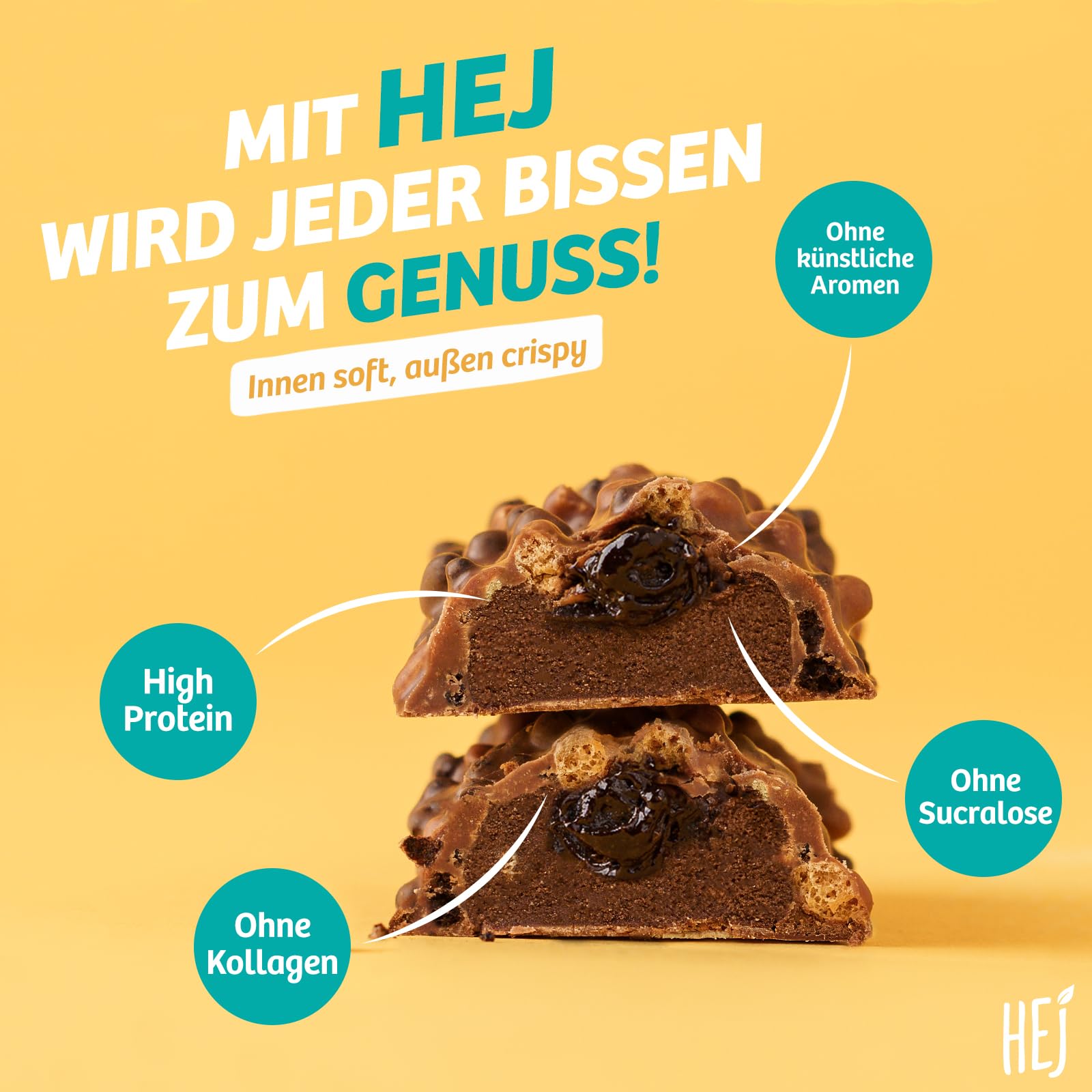 HEJ – Crispy Protein Bar Crunchy Brownie 12x45g – Proteinreicher Snack mit 13g Protein pro Riegel – Low Sugar Proteinriegel – Vegetarisch & ohne Palmöl – Ohne Zuckerzusatz & ohne künstliche Aromen