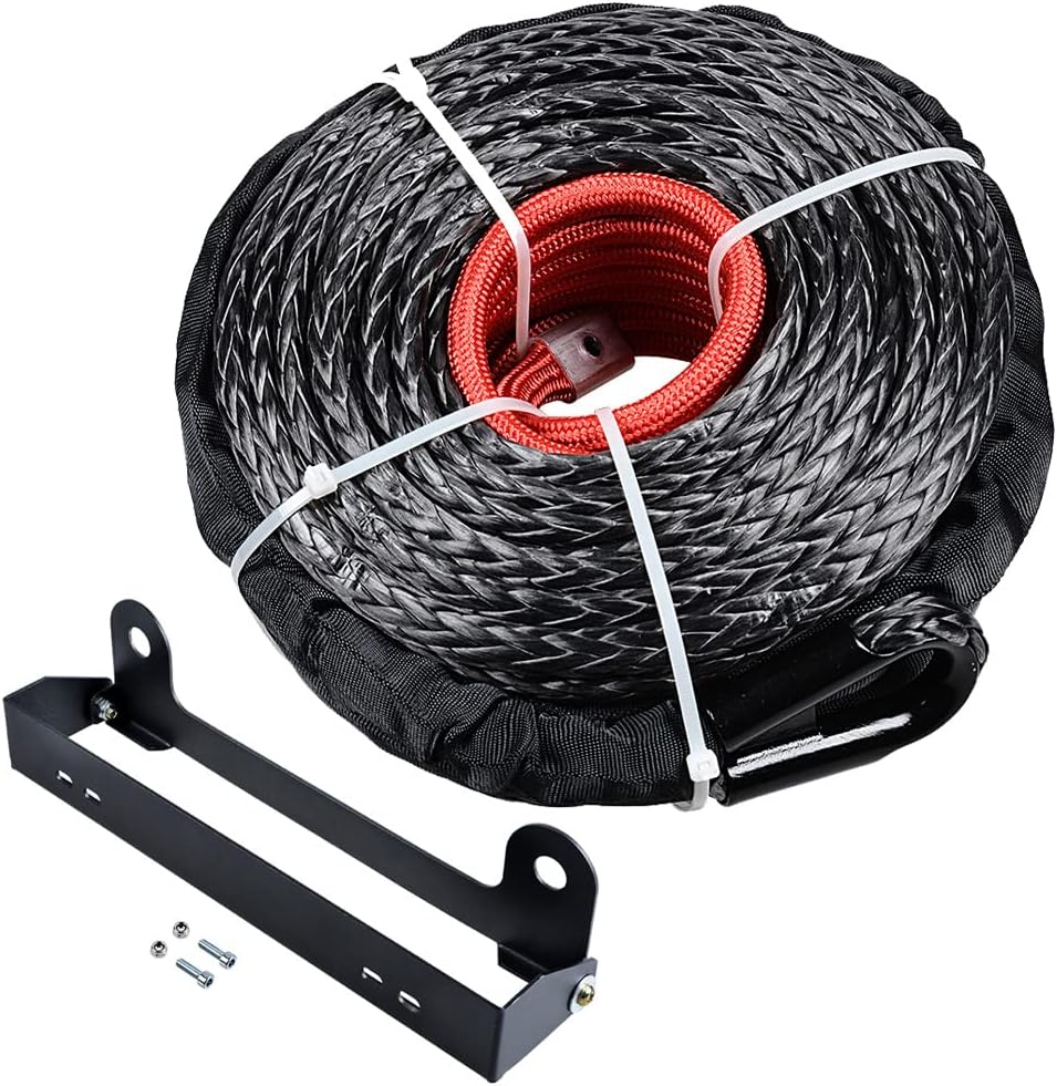 95ft 3/8" Black Synthetic UHMWPE Towing Winch Cable Rope 20,500lbs + 254mm Flip-Up Hawse Fairlead Mounted License Plate Holder for Offroad Recovery Pickup Truck ATV UTV Boat