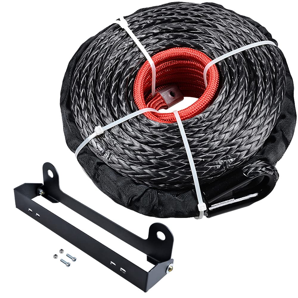AMOPA amopacorp 95ft x 3/8 20500LBs Synthetic Winch Rope Rock Heat Guard and Stainless Steel Flip-Up Hawse Roller Fairlead Mounted License Plate Holder (Black)