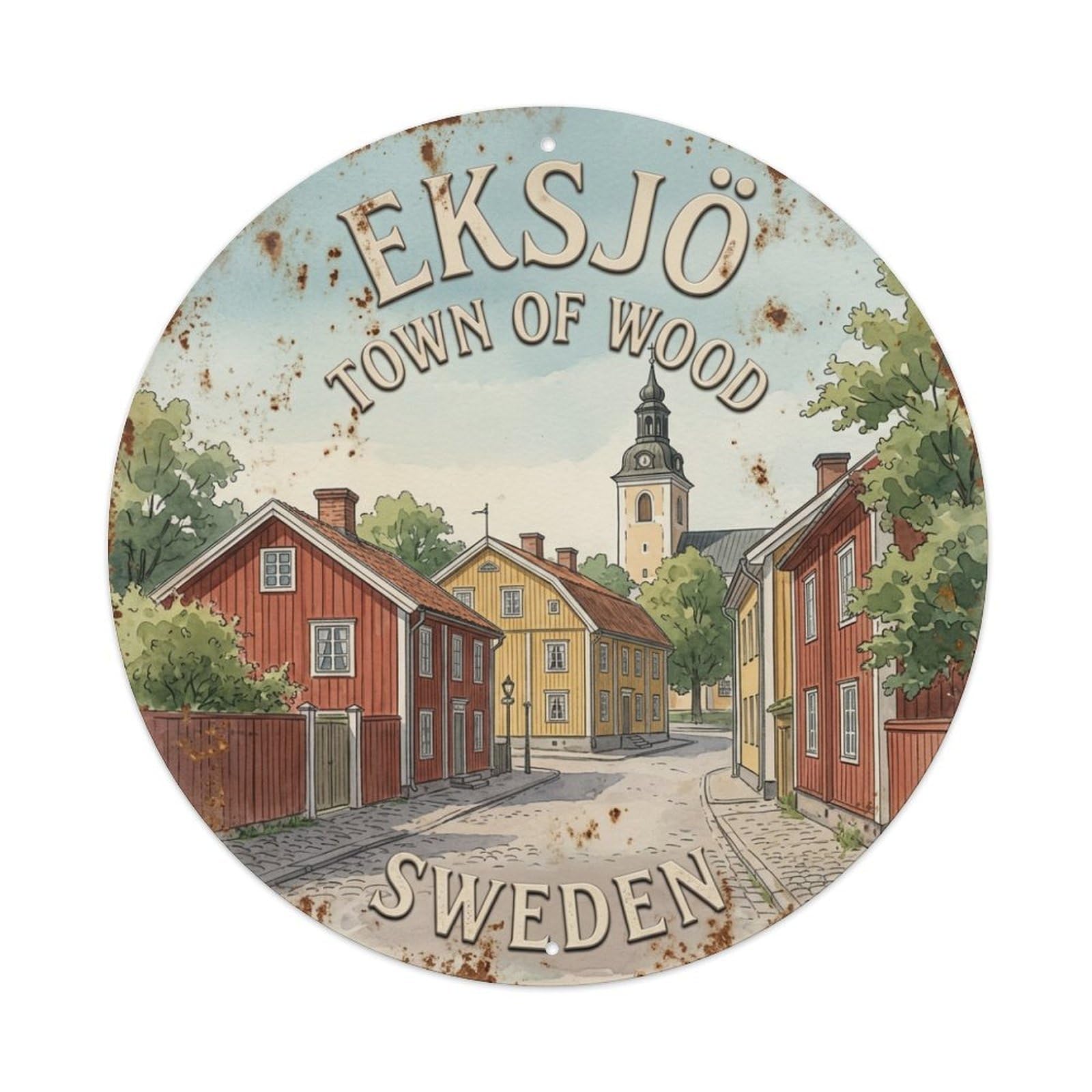 Vintage Travel Eksjo Sweden Town Metal Tin Sign