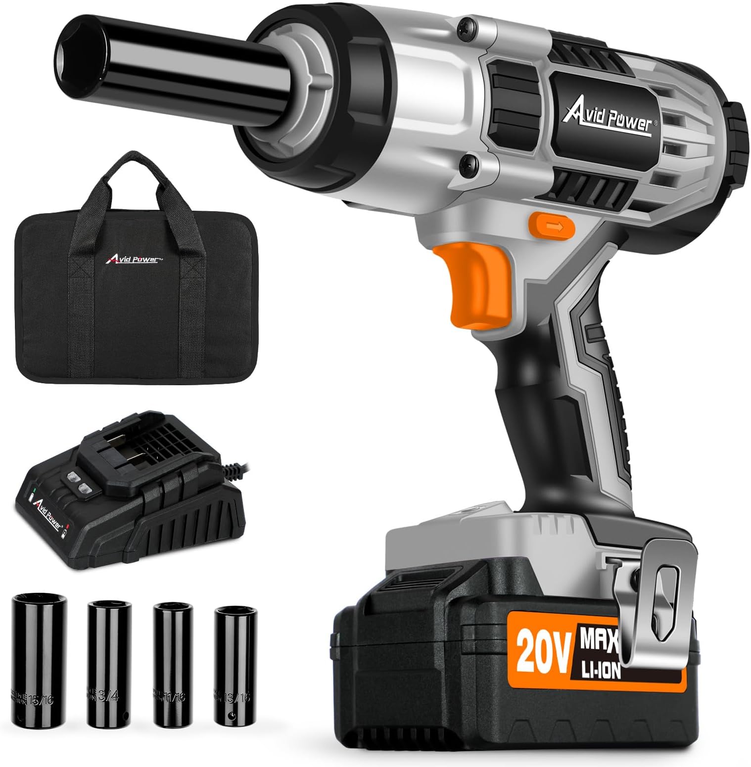 AVID POWER Impact Wrench 1/2” Drive w/Max Torque 330 ft-lbs (450N.m), 20V Cordless Impact Wrench w/ 3.0A Li-ion Battery, 4Pcs Drive Impact Sockets, Fast Charger, Tool Bag (Grey)