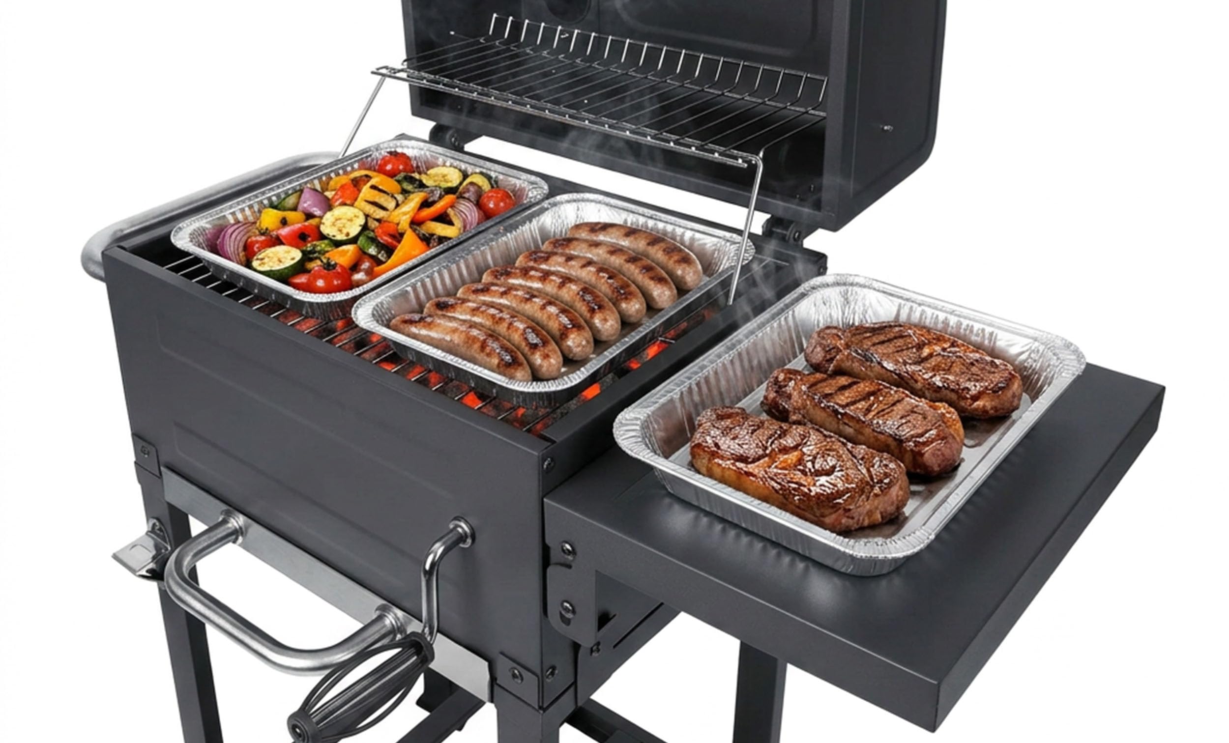 Berdsen BBQChef - Barbecue a carbonella con camino e griglia in ghisa, 40 x 31,5 cm, vassoio per carbone, termometro, portacenere e ripiano, griglia su ruote, antracite