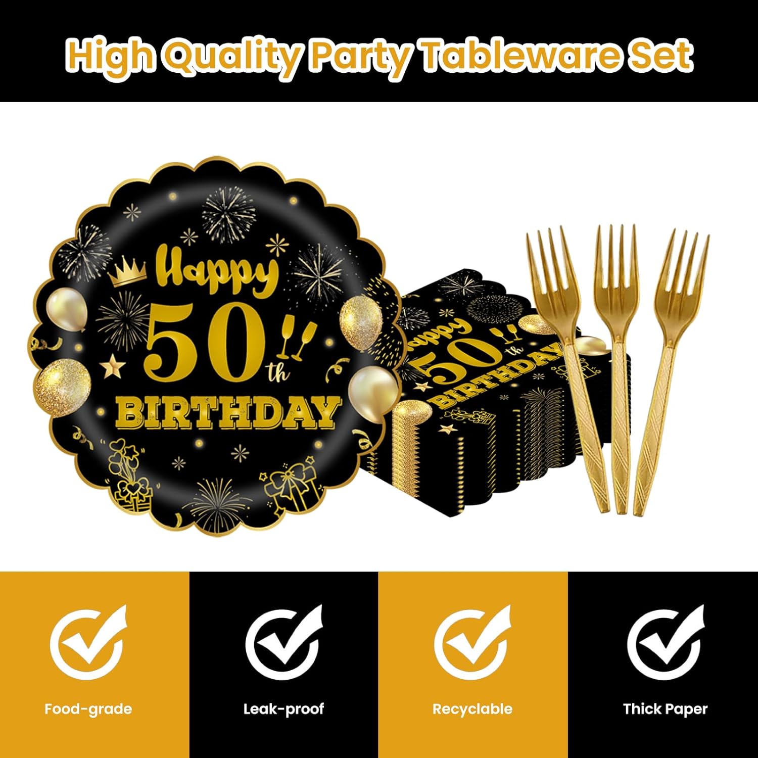 75 PCS 50th Birthday Party Supplies Paper Plates and Napkins,Black and Gold 50th Birthday Plates Napkins Tableware Set for Boys Girls Tableware Set Decorations - Image 3