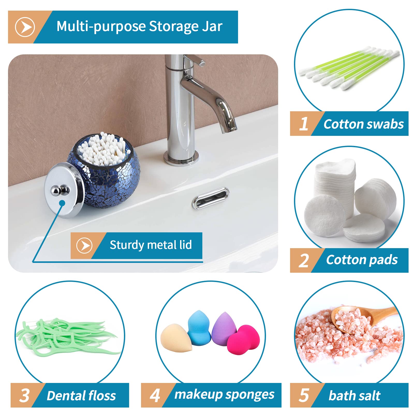 Set di 4 accessori da bagno in vetro mosaico, set moderno di lusso, include dispenser di sapone, barattolo per tamponi di cotone, portaspazzolino, vassoio da trucco (blu lucido)