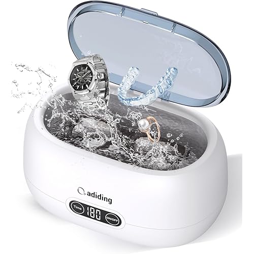 Adiding Jewelry Cleaning Machine, 650mL Ultrasonic Glasses Rings Cleaner Professional Denture Coins Watch Cleaner with 5 Digital Timer Degas Mode Diamond Earrings Necklaces