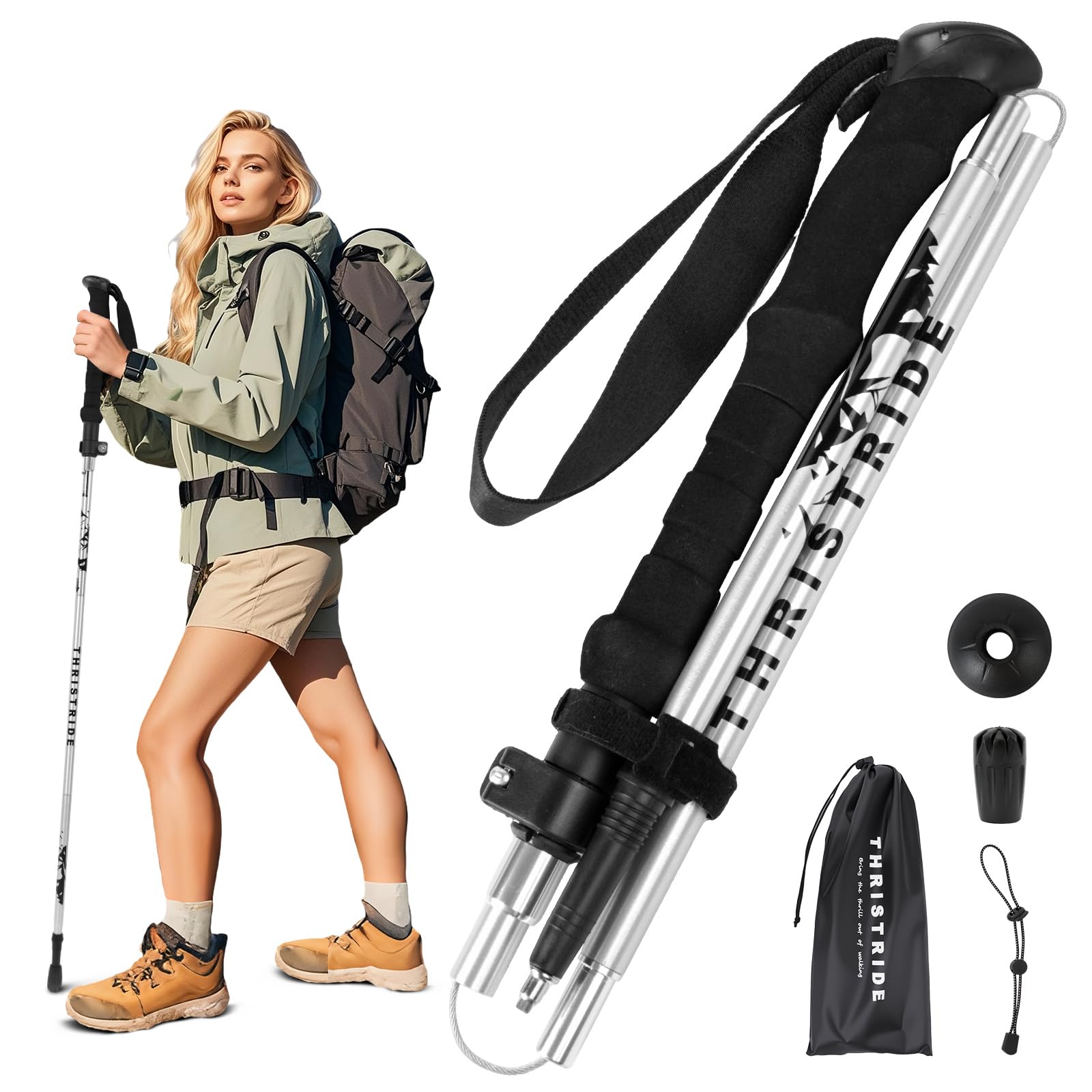 THRISTRIDE Single Collapsible Trekking Pole for Hiking - Aluminum Lightweight Hiking Stick for Women, Men & Seniors, Adjustable Walking Sticks for
