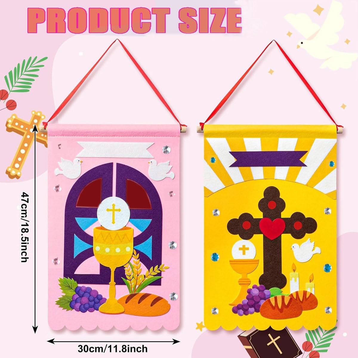 First Communion Banner Kit-Make Your Own Sunday School Church Hanging Crafts Supplies for Boys & Girls-Baptism Christian Cross DIY Craft Decorations-12x18 Banner for Holy Communion Ceremony(2pcs)