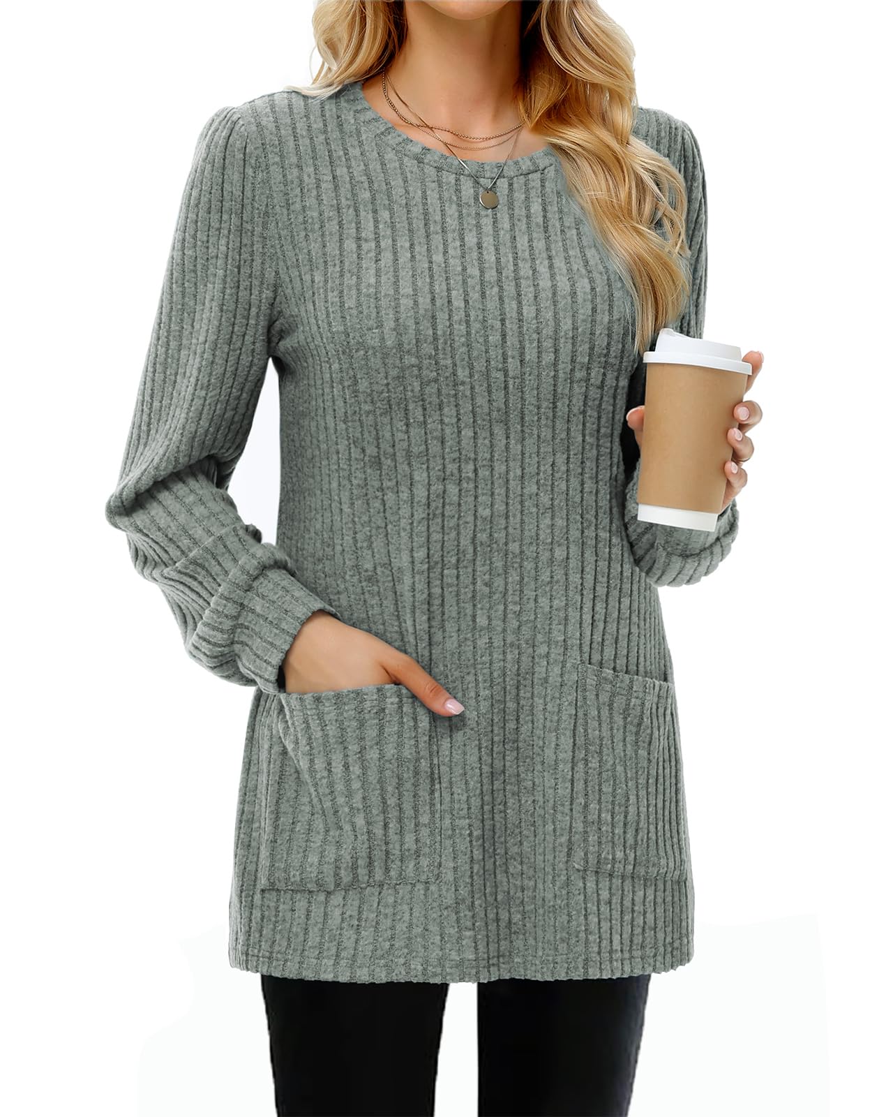 Tanmolo Damen Leichte Pullover Casual Rundhals Langarm Shirts mit Taschen Strickpullover Herbst Tunika Winter Oberteile