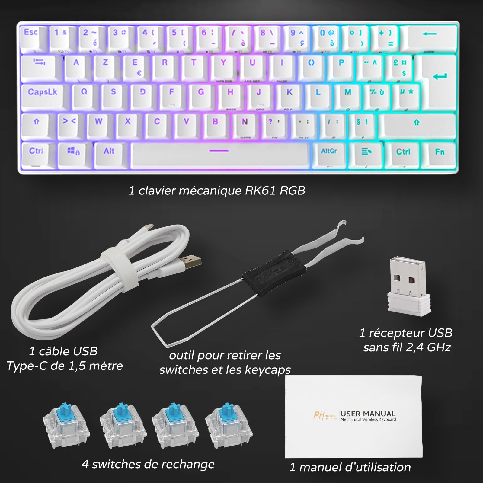 RK ROYAL KLUDGE RK61 Clavier sans Fil, AZERTY 60% Clavier Gaming Mecanique, Rétroéclairage RGB par Touche Personnalisable, Touches à Double Injection Interrupteur Marron échangeable à Chaud, Blanc