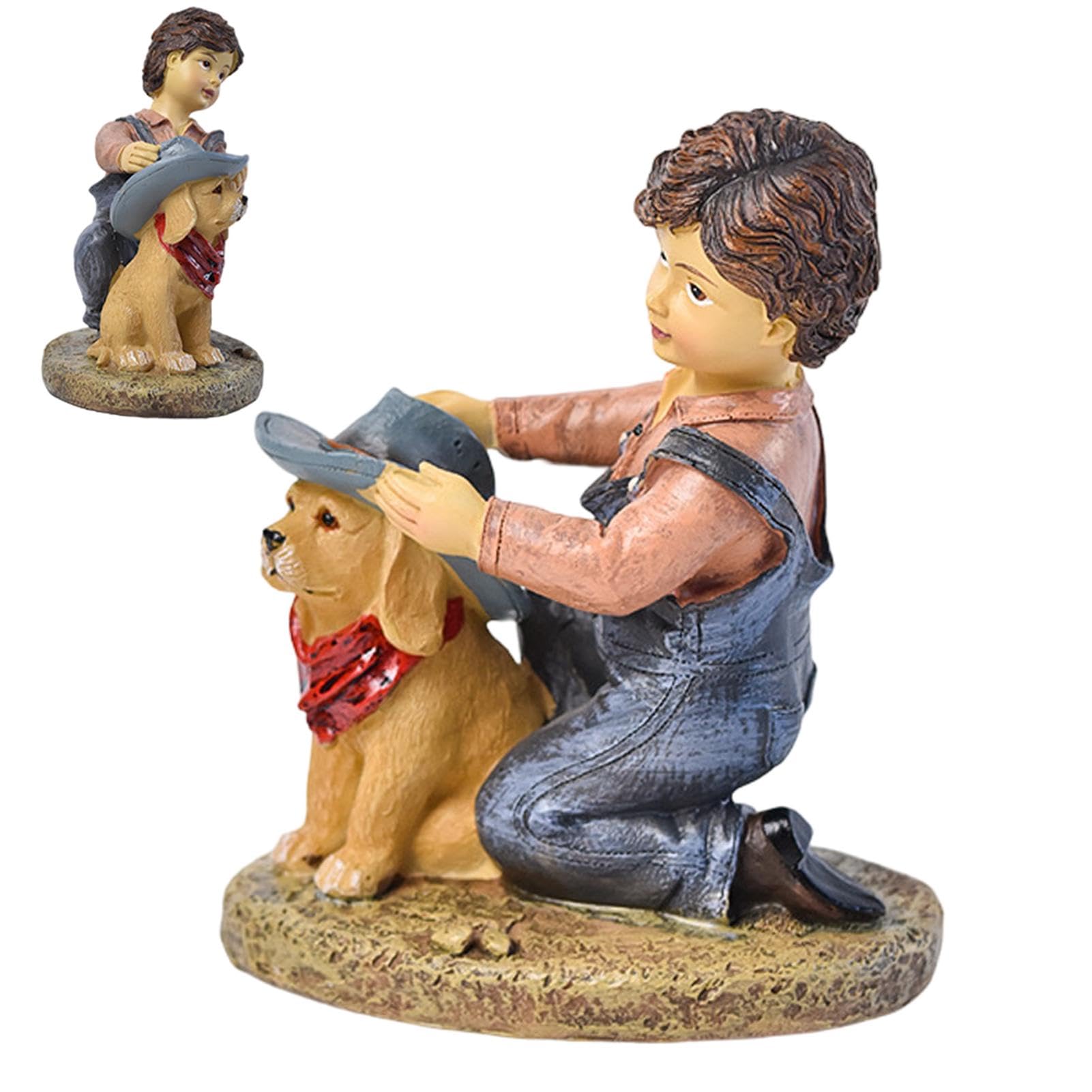 Statue de garçon et son chien | Figurine de cowboy en résine style rural