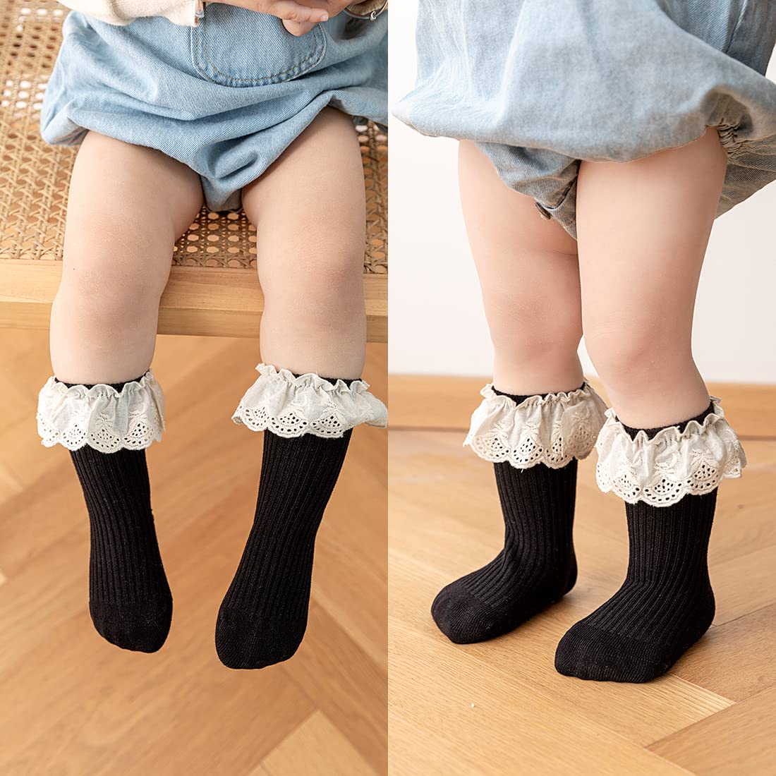 HOUSEYUAN Calcetines largos con volantes para bebés y niñas, hasta la rodilla, para recién nacidos, con encaje, con volantes, para niñas de 6 a 12 meses