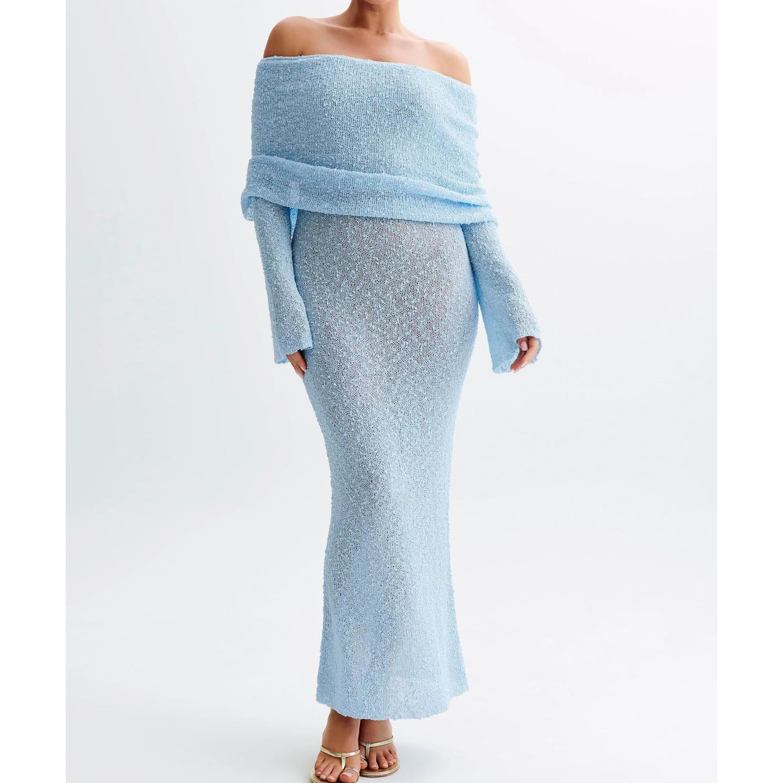 Donne Fuori della Spalla a Maglia Svasato Manica Bodycon Spiaggia Casual Coprire su Abiti,Blu,S