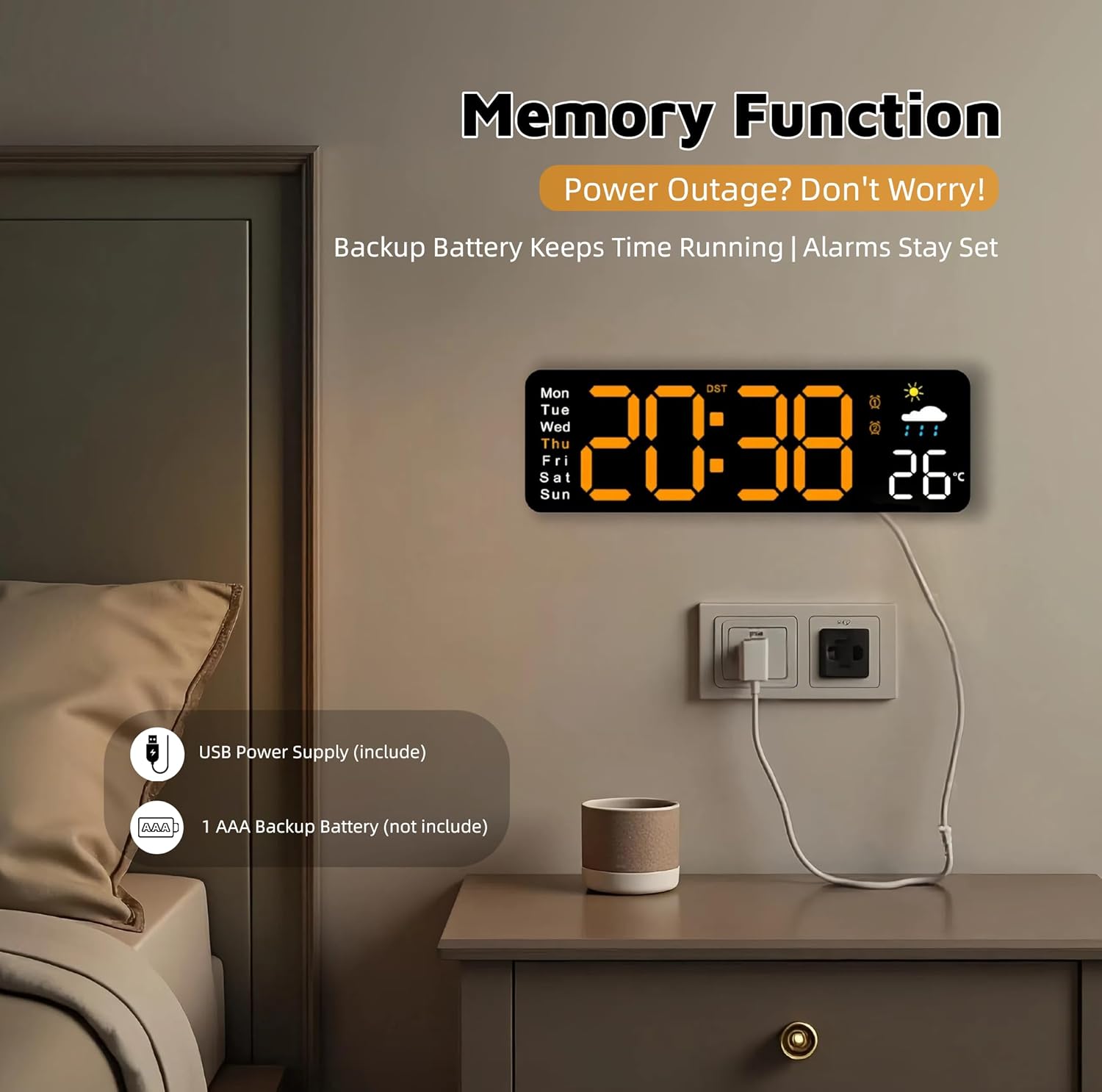 Large LED Digital Wall Clock with Alarm Timer - Auto Dimming Clock with Temperature, Weather and Calendar, Remote Control, Classroom Décor, for Bedroom, Office, Living Room (Orange)