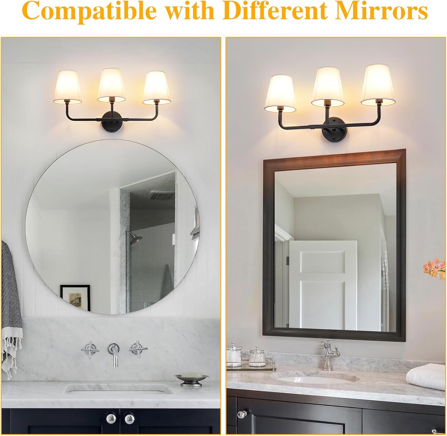 Bathroom Light Fixtures, 3-Light Wall Sconce, Black Vanity Lights Over Mirror with Flared White Fabric Shade, Modern Sconces Wall Lighting for Bedroom Stairway Hallway (Black)