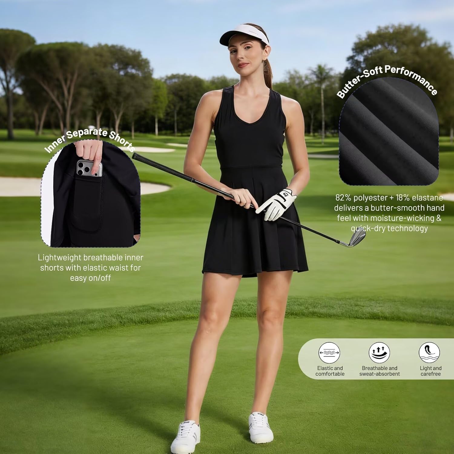 Women's Tennis Golf Dress, Pleated A-Line Racerback with Removable Padding & Detachable Shorts with Pockets