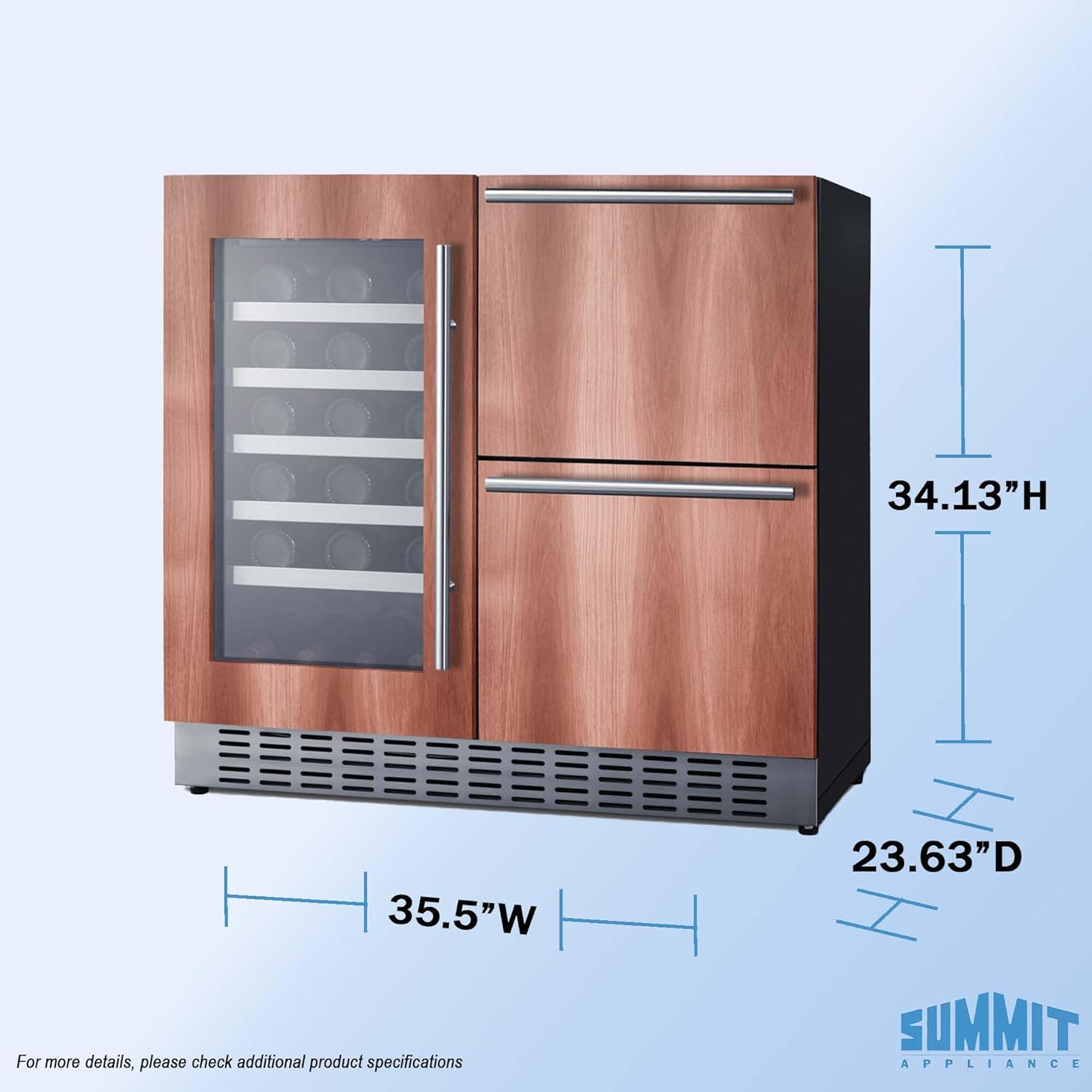 Summit 36” Wine Cellar and Two Drawer Refrigerator Combination, 34 Bottle Capacity, Commercial, Built-in, Undercounter, Panel Ready* - SWCDAR36UCPNR (Panels Not Included)