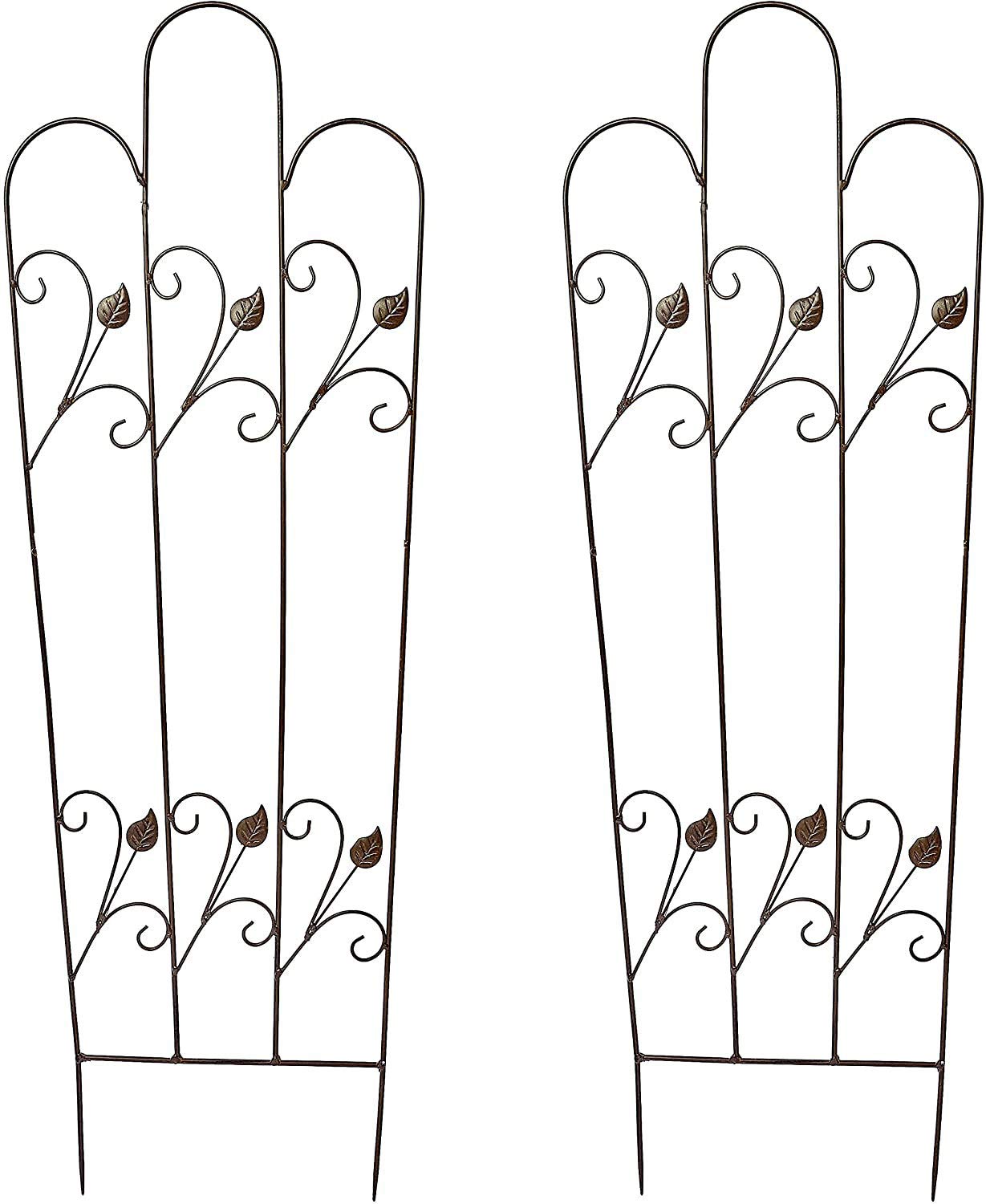 Set of 2 x Scrolled Leaf Metal Garden Trellises Rust Effect Climbing Flower Support Frame Trellis