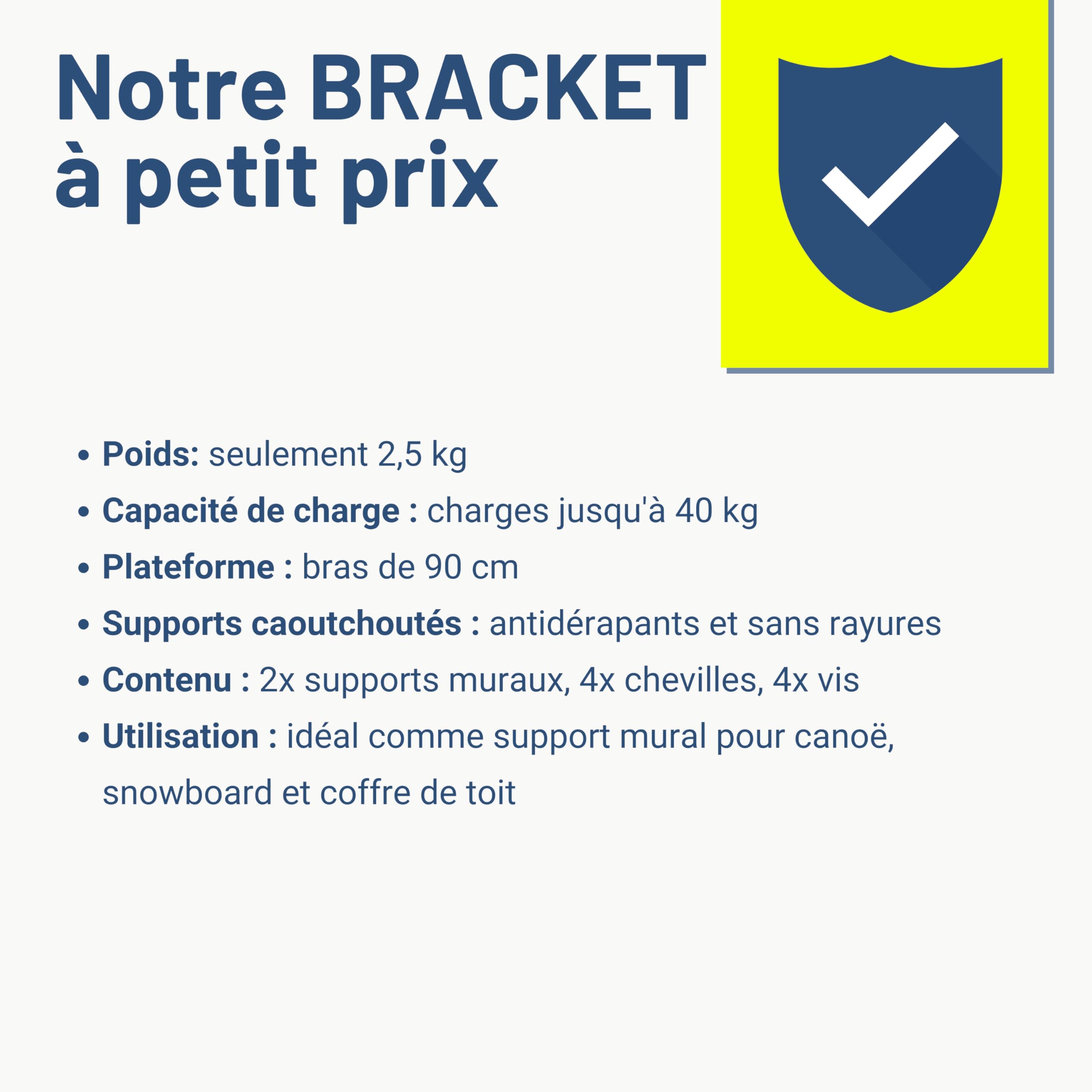 Pallit BRACKET-M Support Mural pour Coffre de Toit, Canoë et Kayak - 40 kg | Support universel rembourré pour garage et cave. Idéal pour planches de surf, SUP, échelles, skis ou porte-bagages de toit.