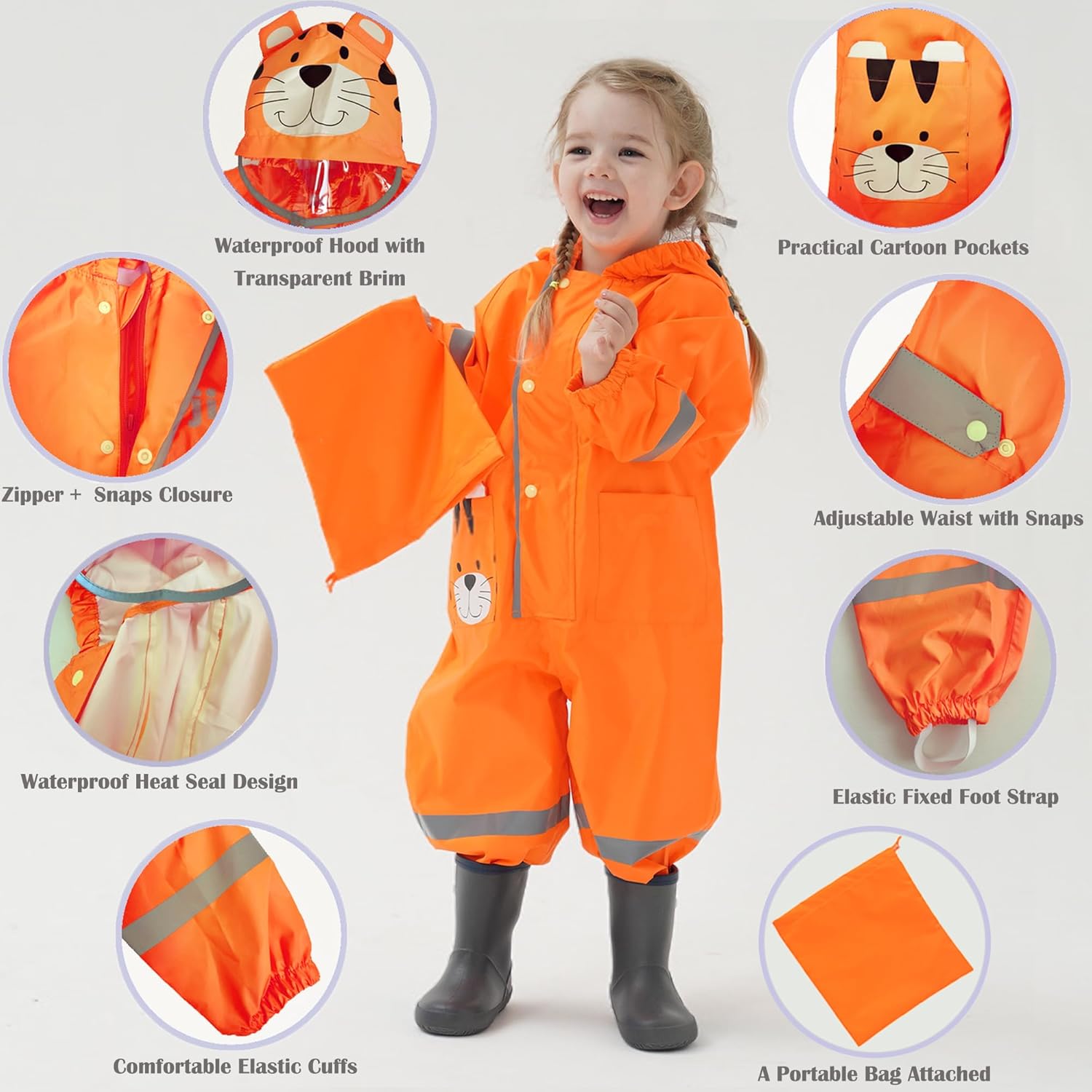 Kids Toddler Rain Suit for Boys Girls One Piece Hoodie Zipper Cute Cartoon Waterproof Rain Jacket 1-10 Years S-XL Size - Image 2