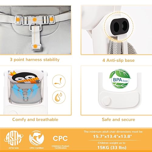 Miniatura 7 de Silla alta portátil para bebé, asiento elevador para mesa de comedor, silla alta de viaje plegable 2 en 1 con bolsa de transporte, bandeja ajustable