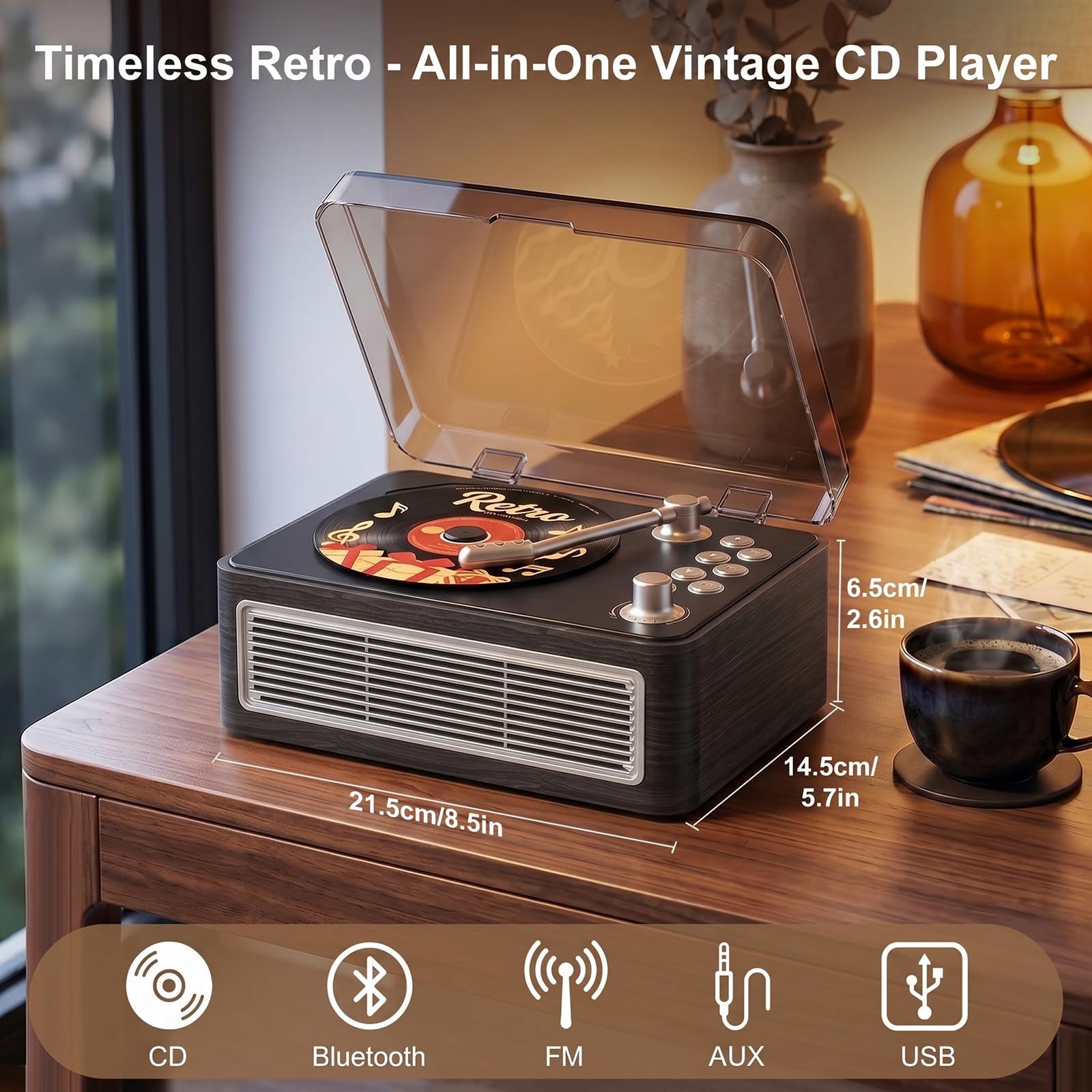 Gueray Reproductor de CD portátil con Bluetooth y Altavoces y Radio Ébano