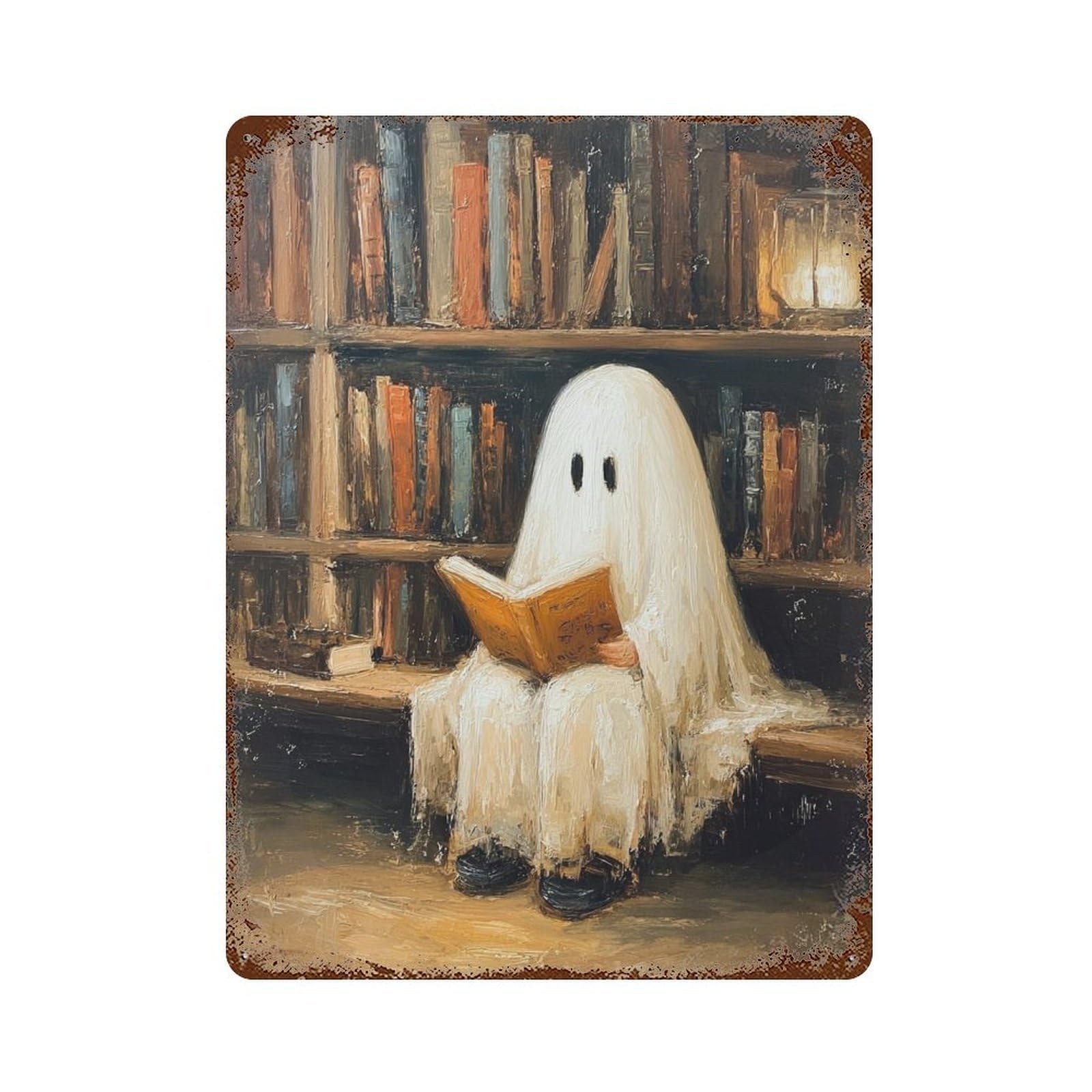 Ghost Reading Book in Library 15.7"x11.8" Vintage Rust Metal Sign, Shabby Chic Decor for Cafe, Home Bar And Lounge Decor