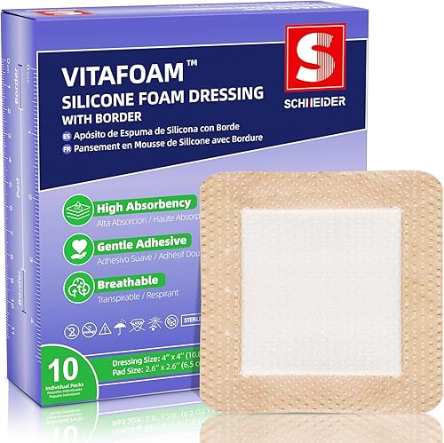 Apósito de espuma de silicona de 4 x 4 pulgadas con borde, vendaje para heridas de alta absorción, adherencia suave, vendajes de silicona suaves y