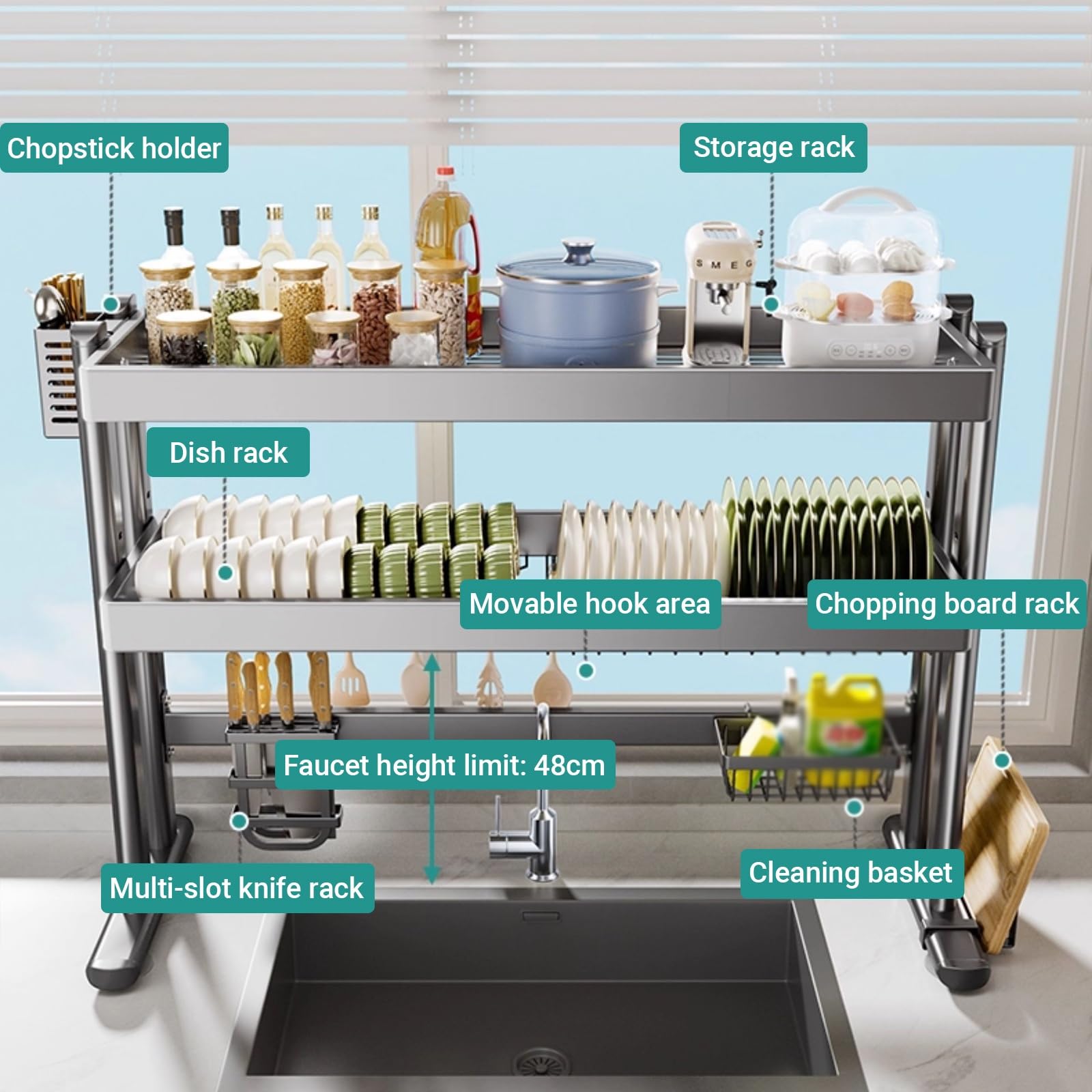 Escurridor de platos sobre el fregadero, estante de cocina de gran capacidad que ahorra espacio, altura ajustable, para platos, vasos, cuencos, cubiertos