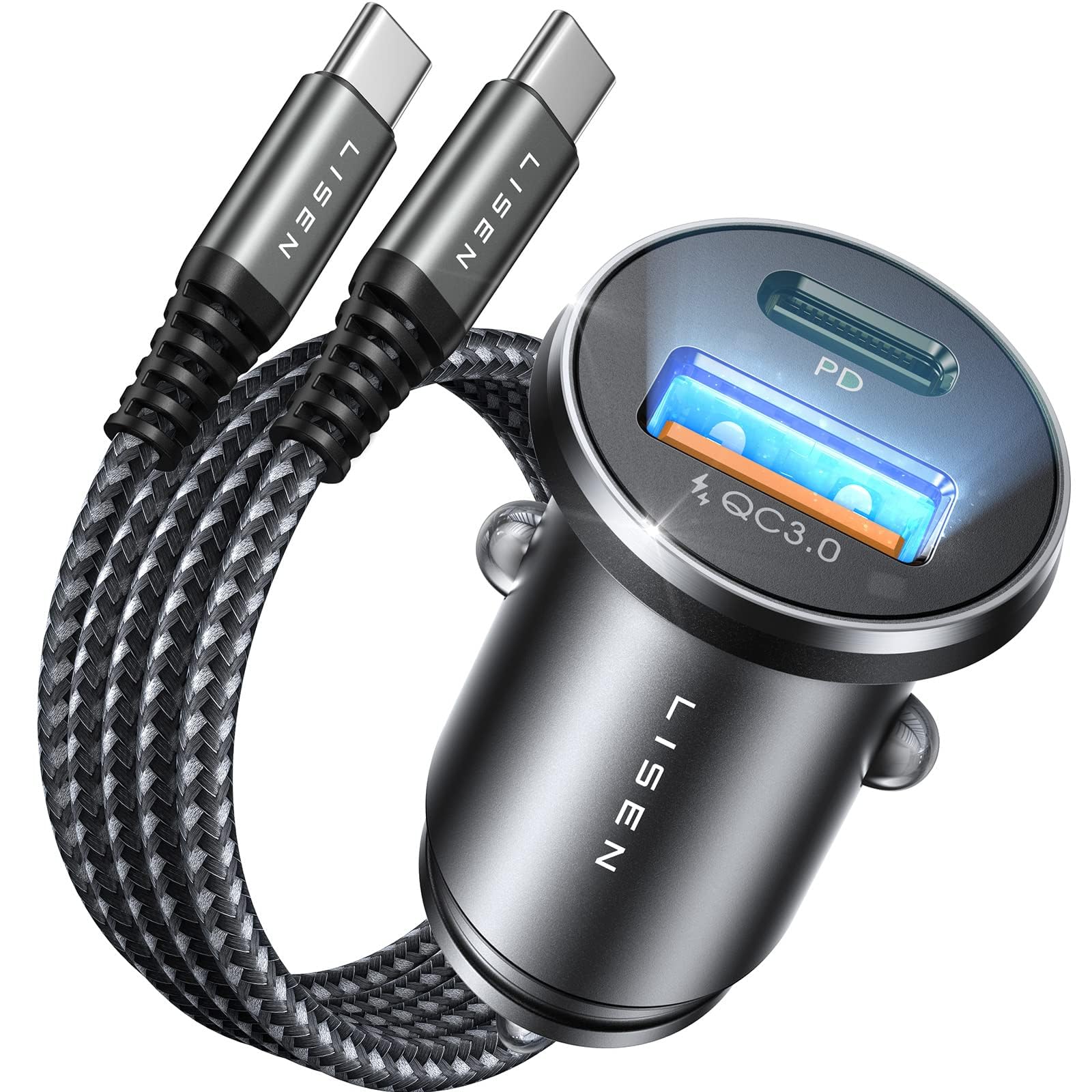 LISEN Car Charger USB C Adapter 48W [Mini&Metal] Cigarette Lighter USB Charger PD30W&QC3.0 Car Phone Fast Charging for Samsung Galaxy S23/22 iPhone 16 Pro Max 13 12 Google Pixel