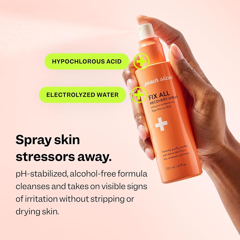 Peach Slices - Fix All Recovery Spray (4 oz) - Purify, Soothe, & Relieve - Zits, Stressors, & Redness - Hypochlorous Acid Spray - Electrolyzed Water - Vegan & Cruelty Free - Korean Skin Care & Beauty