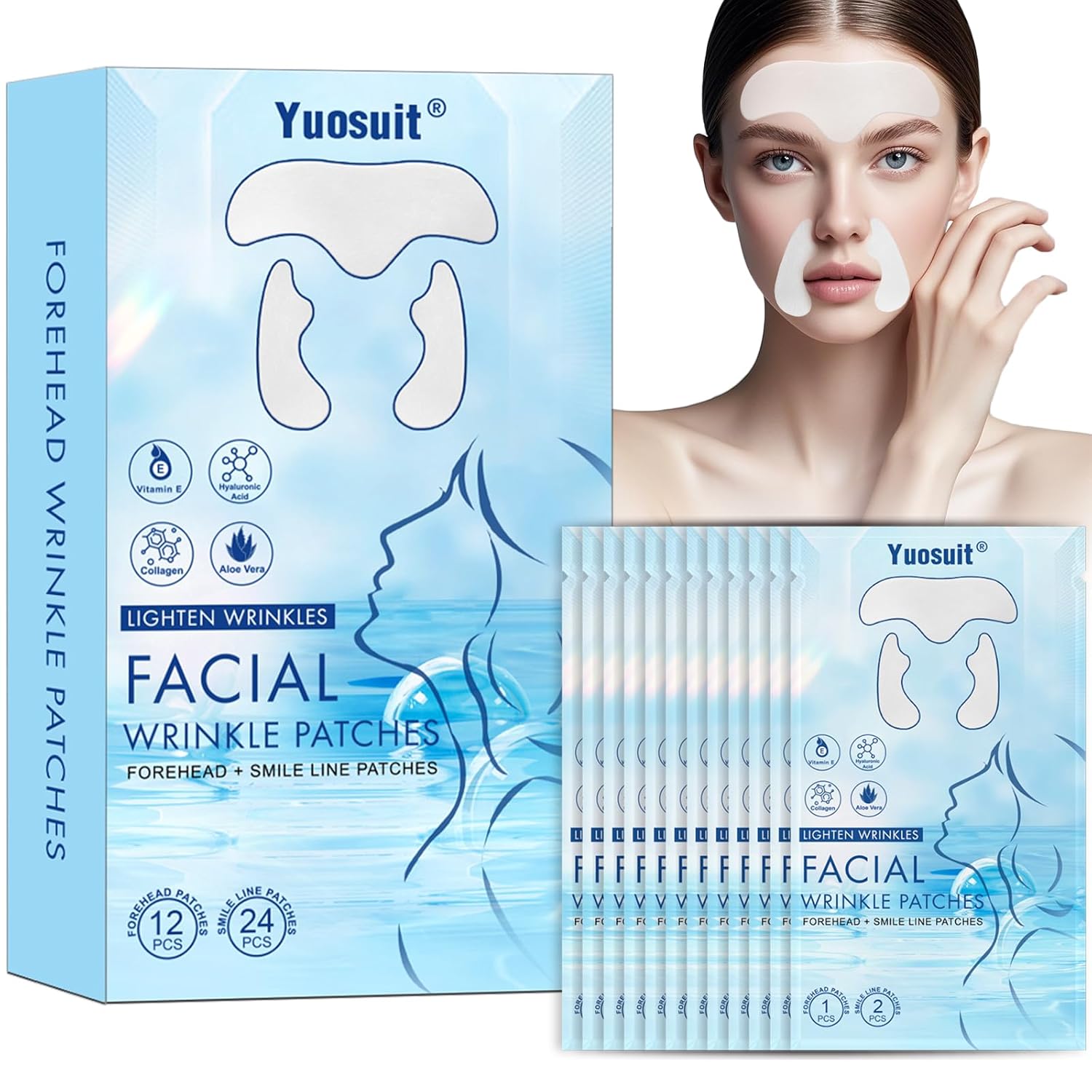 Forehead Wrinkle Patches with Collagen & Hyaluronic Acid, Facial Wrinkle Patches for Forehead & Smile Line & Under Eye，Overnight Facial Mask Patches