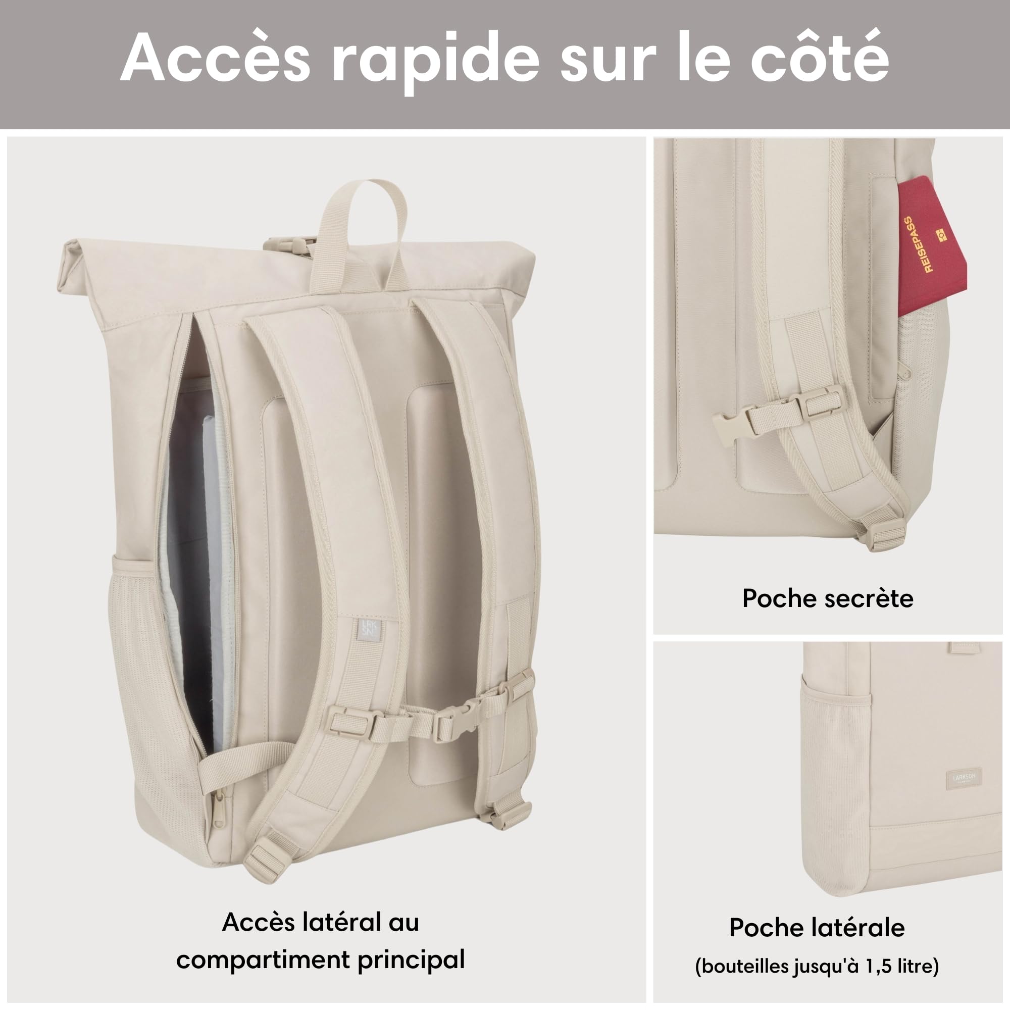 Larkson Sac à Dos Roll Top Femmes & Hommes Beige - No 2 - Backpack pour l'École, l'Université - Compartiment Ordinateur Portable 16 Pouces - Hydrofuge