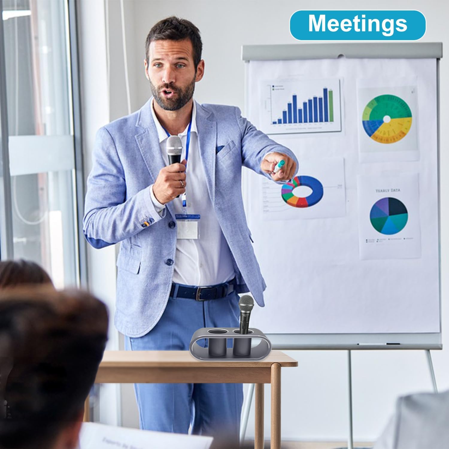 Desktop Microphone Storage Holder, Metal Aluminum Alloy Wireless Mic Holder, Hold Up to 2 Microphones, Ideal Tabletop Microphone Holder Organizer and Display(Gray)