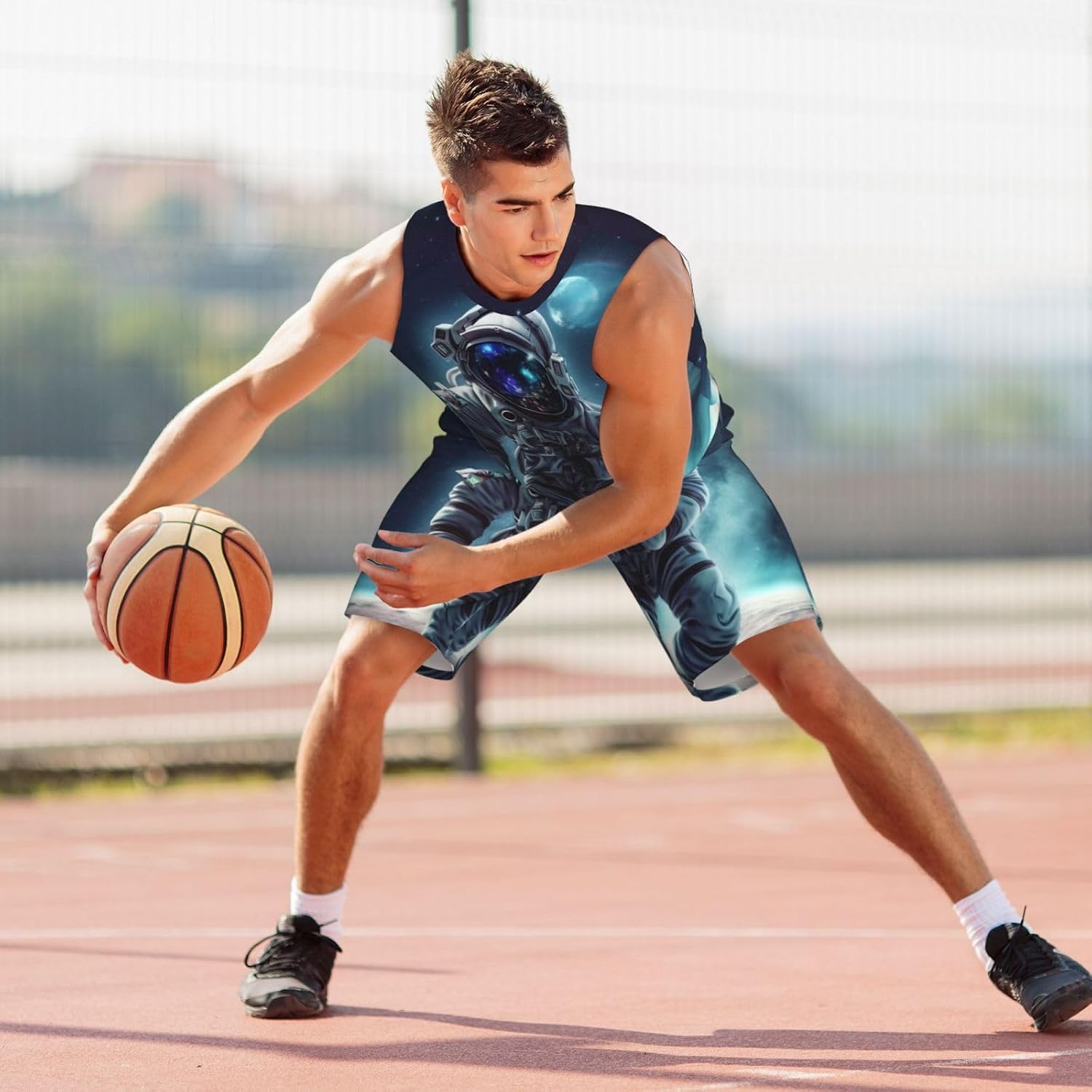 Mens Basketball Jerseys Galaxy Astronaut Uniform Suit Mesh Sports Jersey Outfits T-Shirt and Short Sets, Large, Black