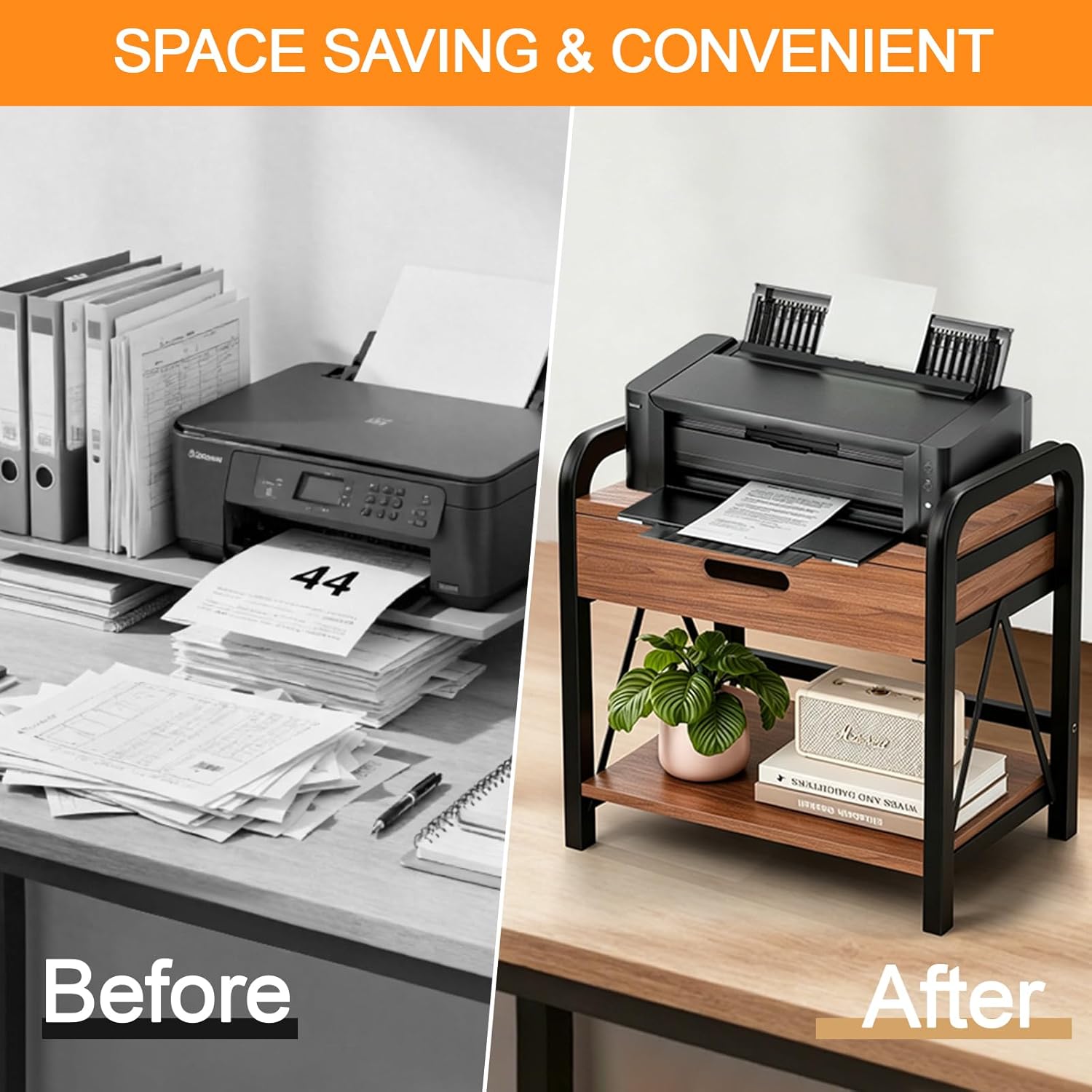 Printer Stand with Storage for Desk, 2 Tier Desktop Printer Table Shelf for Home Office with Wooden Storage Drawer, Multi-Purpose Desk Organizer for Fax Machine, Scanner