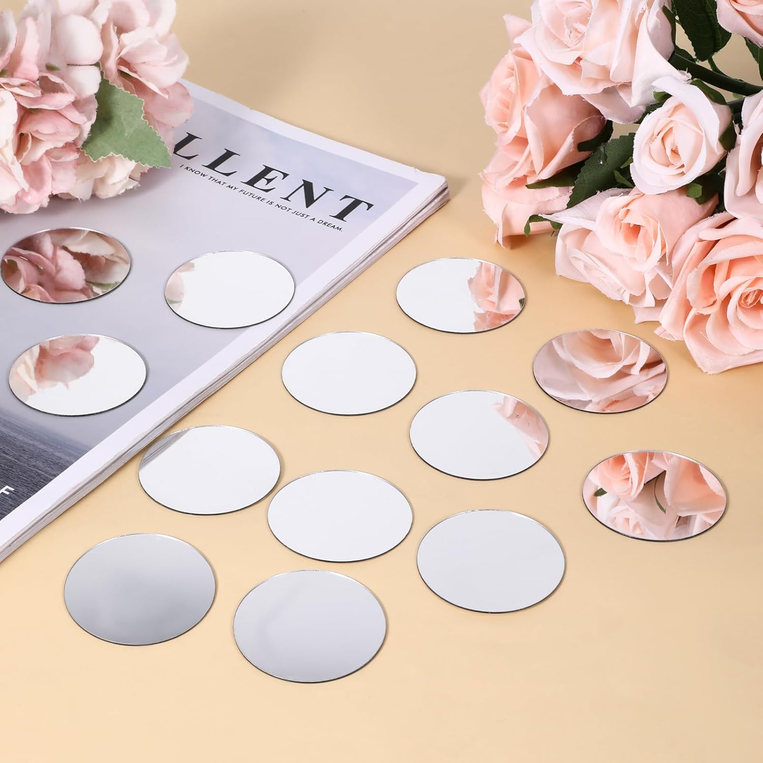 Trinkrittey 20Pcs Mini Acrylic Round Mirror Tiles, Self Adhesive, Silver, Classic Style, Mosaic Tiles for DIY Crafts, Wall Decor, Jewelry Making, 2 Inch