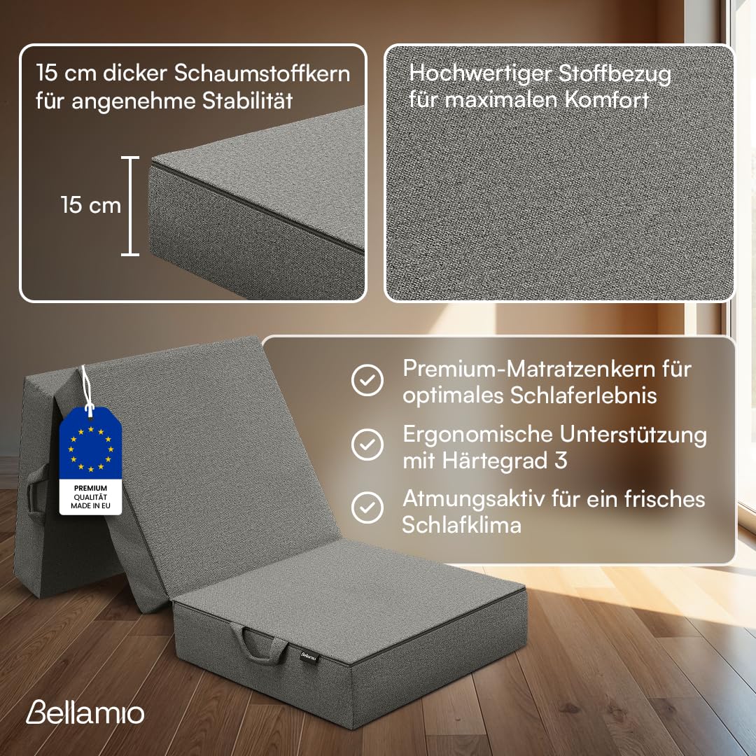 Bellamio Lomme Klappmatratze 90x200 cm – Faltmatratze extra dick 15 cm – Gästematratze Dunkelgrau – klappbare Reisematratze mit Tragegriffen – Faltbare Camping Matratze – Bezug abnehmbar & waschbar