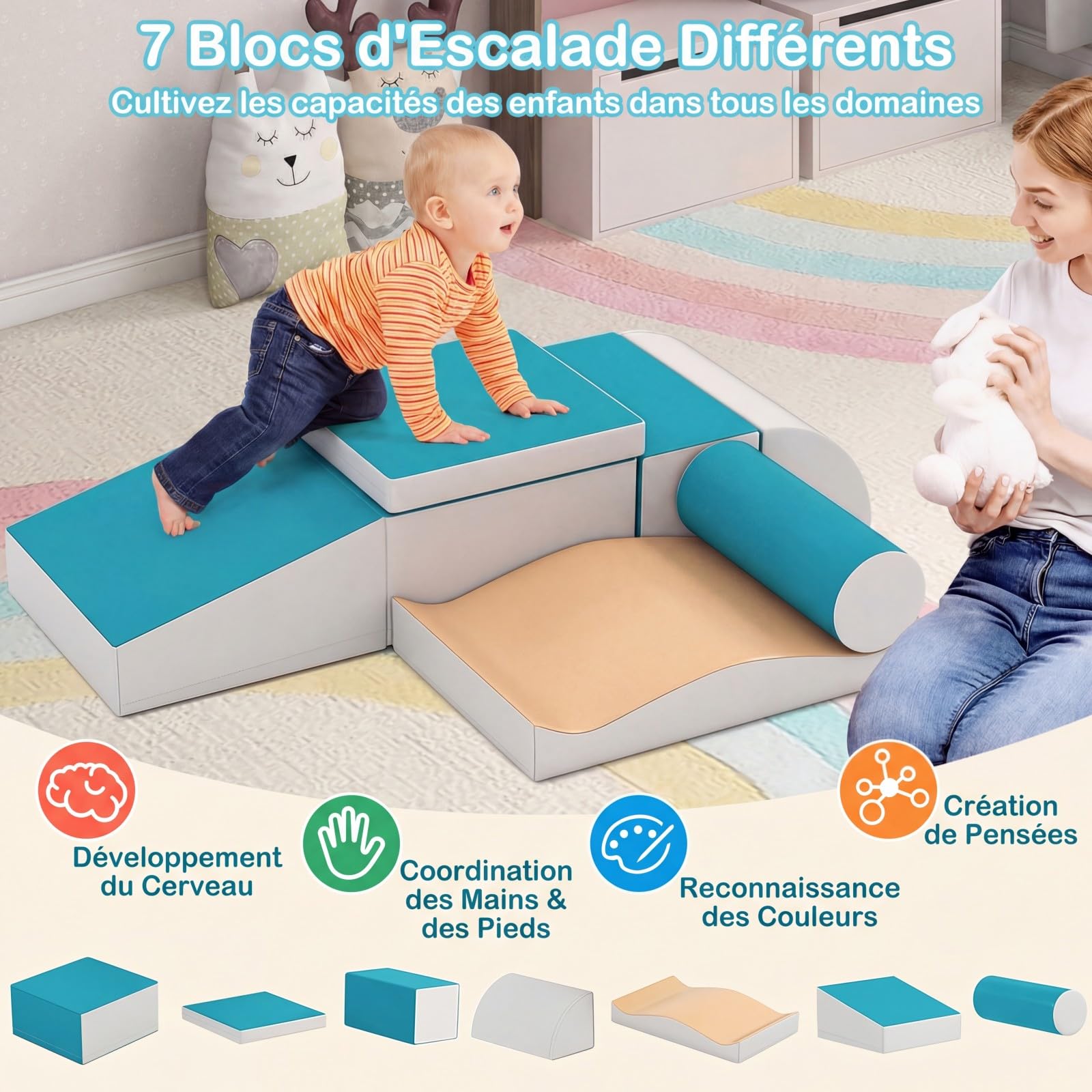 COSTWAY 7PCS Parcours Motricité Bébé en Mousse avec Housse en PU, Module Motricité Bébé avec Diverses Couleurs & Formes, Jouets Éducatifs pour Ramper Grimper, Nettoyage Facile, 18 Mois+ (Bleu)