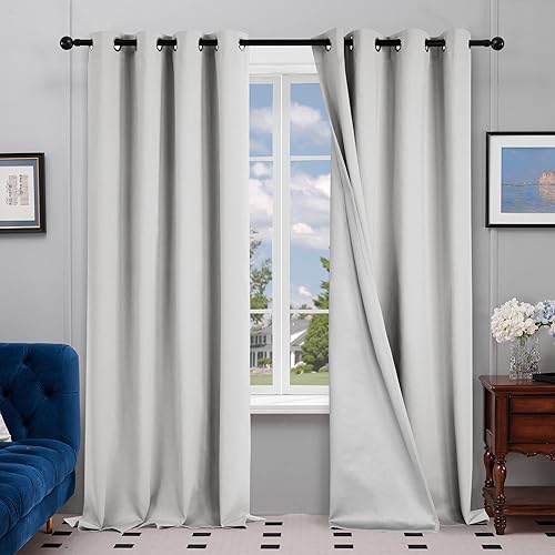 Deconovo Room Darkening Curtains for Bedroom, White Curtains 84 Inches Long - Grommet Living Room Draperies with Silver Coated Design (52W x 84L, Greyish White, 2 Panels)