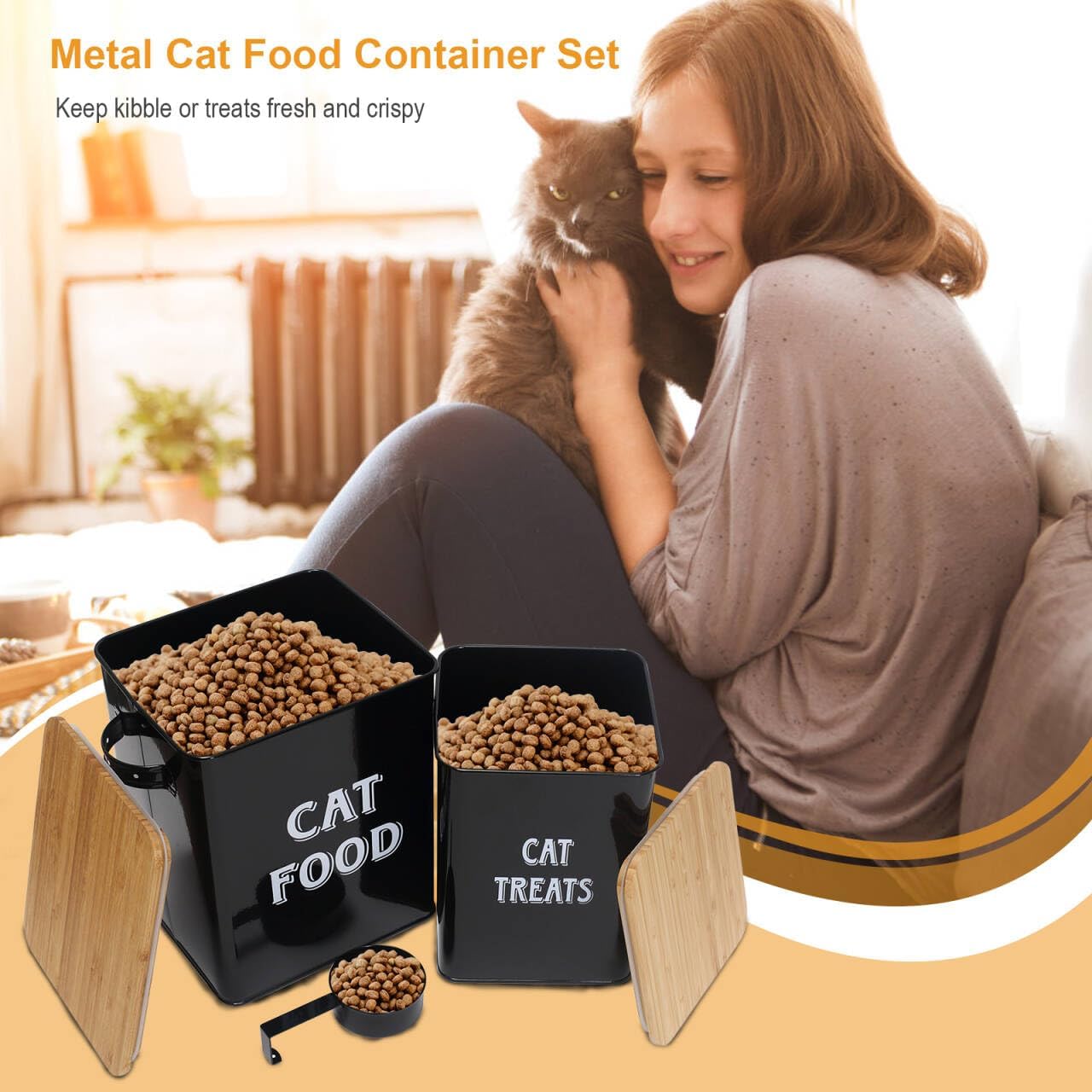 Pethiy Cat Food and Treats Containers Set with Scoop for Cats or Dogs -Tight Fitting Wood Lids - Coated Carbon Steel - Storage Canister Tins-Cat-Black