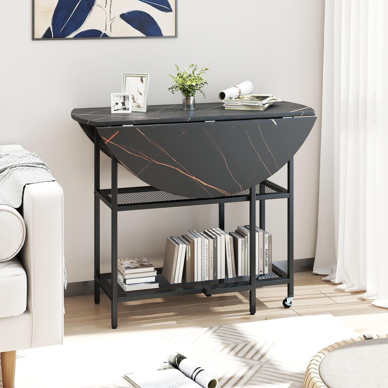 LIFEZEAL Tavolo da pranzo rotondo, 100 cm, tavolo da cucina moderno con piano pieghevole, struttura in marmo, struttura in metallo, mobile allungabile pieghevole per interni con 2 ruote (nero)