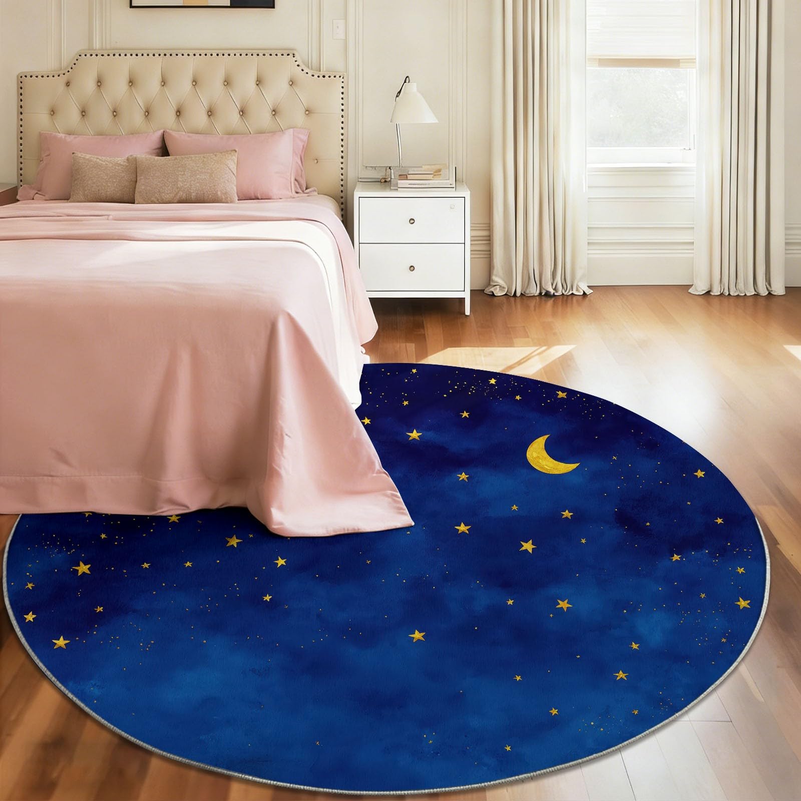 Générique Lune Tapis Rond Enfant 120 cm, Bleu Foncé Lavable & Antidérapant, Tapis de Jeux Doux Minimaliste Aquarelle Ciel Étoilé pour Chambre Bébé & Nurserie
