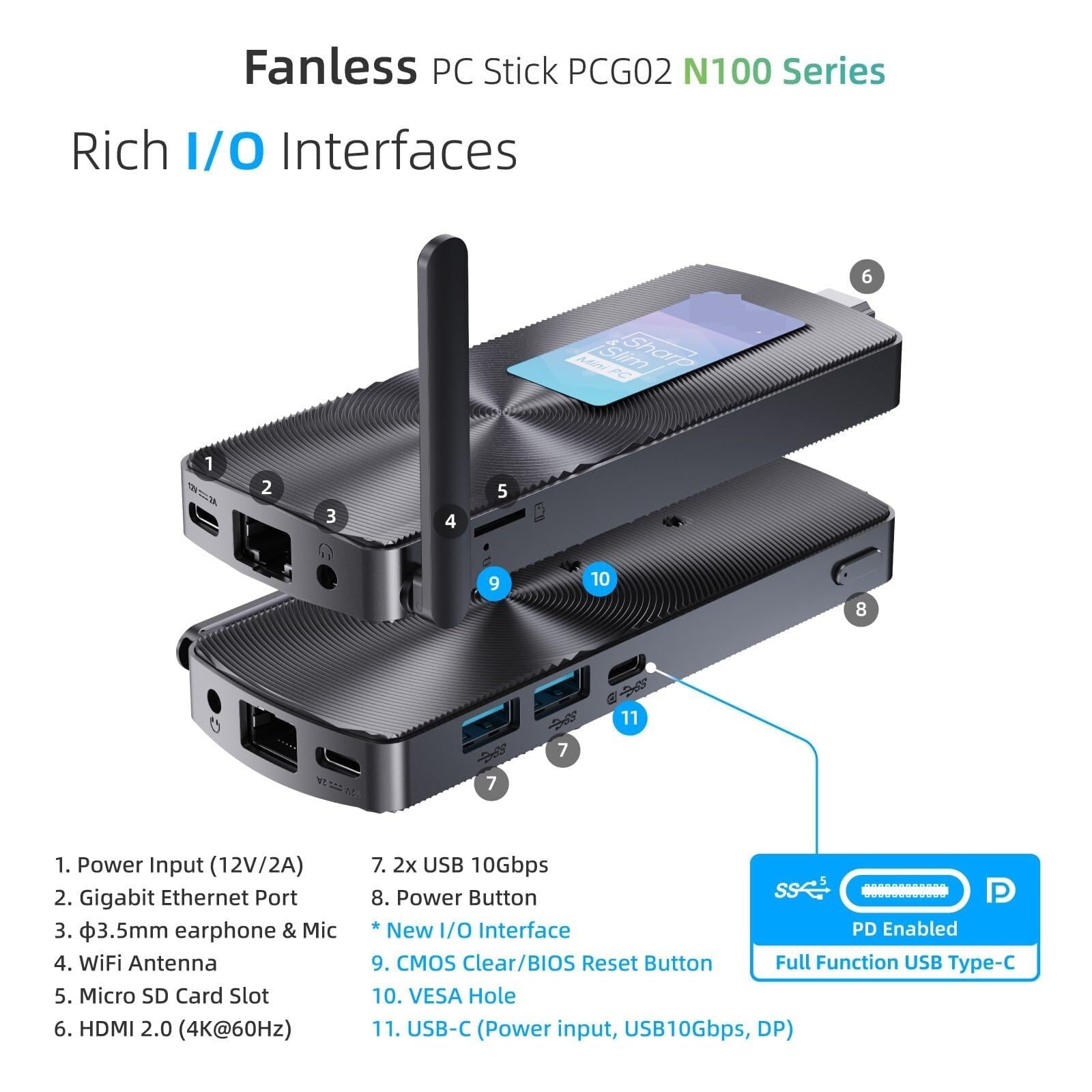Mini PC Stick sin Ventilador PCG02, N100 Compute con Windows 11 Pro, 8 GB de RAM, 128 Almacenamiento, microordenador Escritorio, USB-C Todas Las Funciones