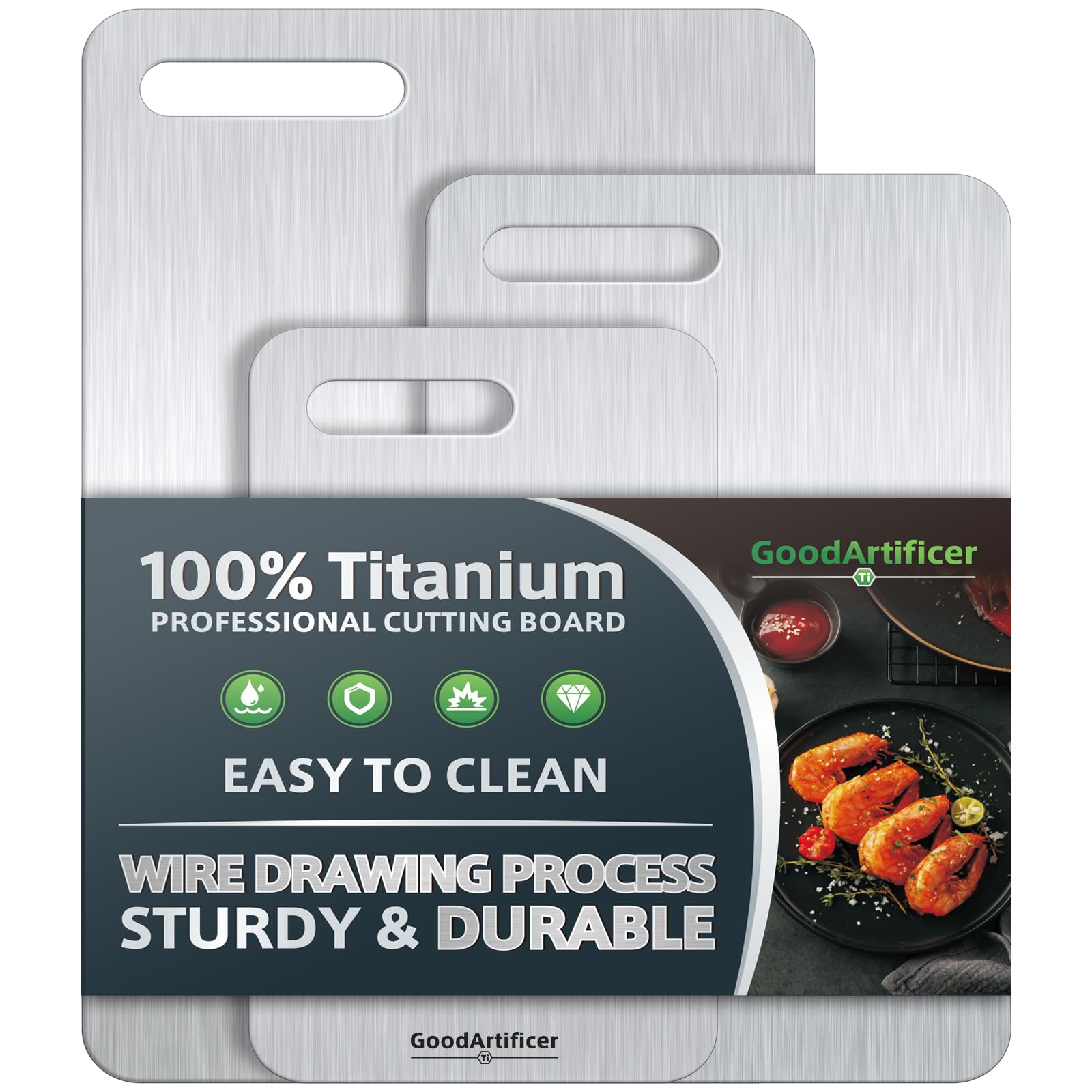 Titanium Cutting Boards Set of 3, 100% Pure Titanium Kitchen Cutting Board, Double-Sided Non-Toxic Cutting Board, Ideal for Slicing and Dicing Meats, Features Handle, Dishwasher Safe Silver 16"L*10"W(S+M+L)