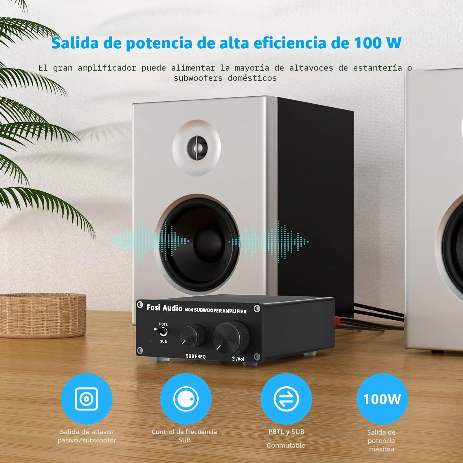 Fosi Audio M04 Amplificador de subwoofer para cine en casa Monocanal Digital Clase D Amplificador de potencia integrado para altavoces pasivos Subwoofer clasificado 100W MAX