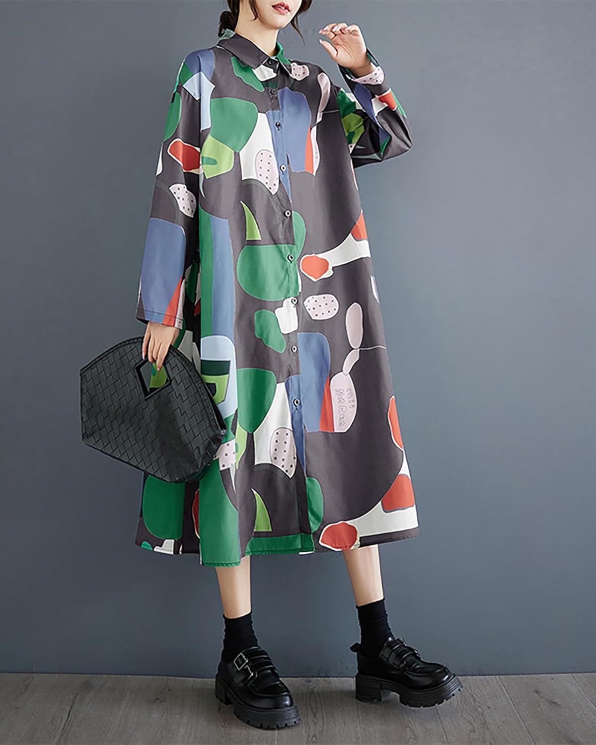 ellazhu Womens Fall Casual Patchwork Funky Long Sleeve Designer Dress Loose Blouse GY2787 A - Image 3