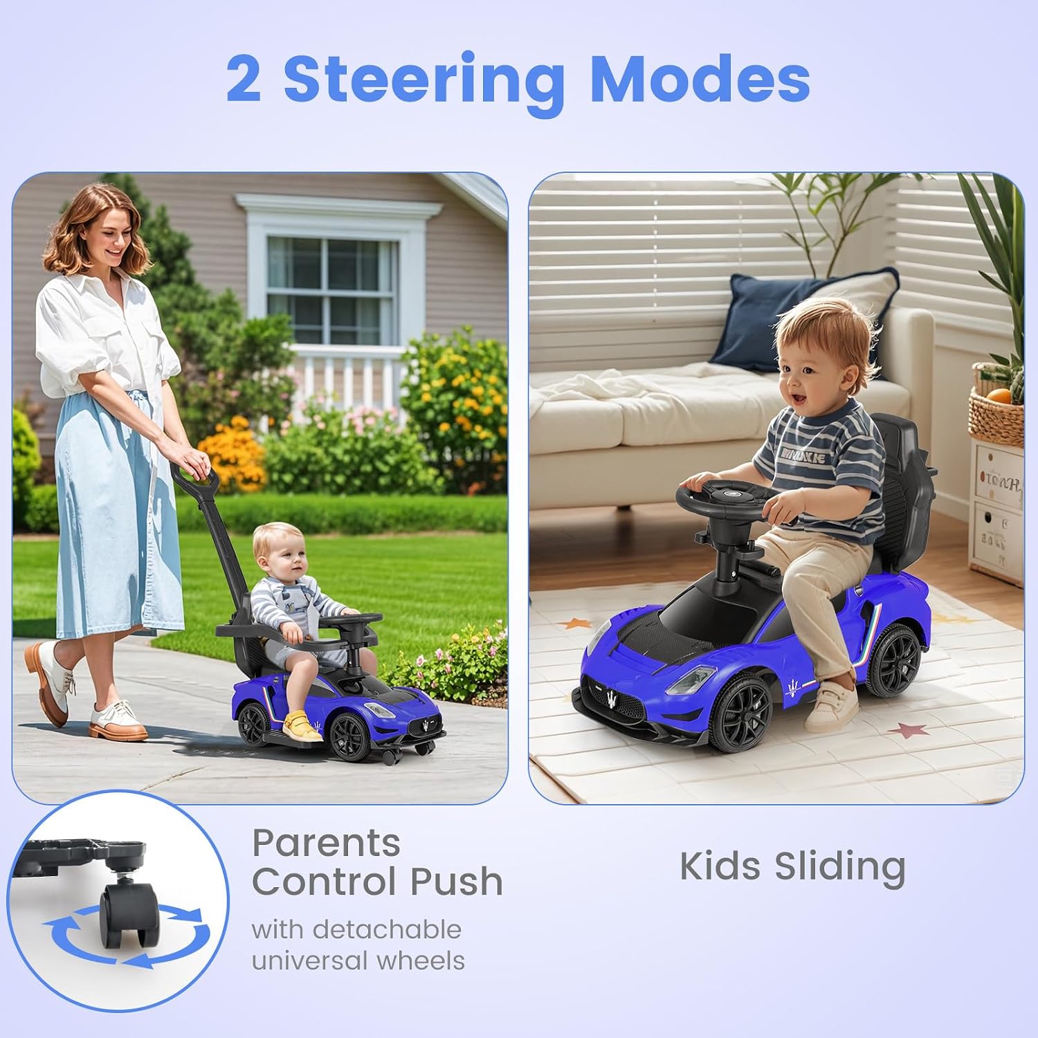 OLAKIDS 3 in 1 Ride on Push Car, Licensed Maserati Baby Sliding with Removable Parent Control Handle, Universal Wheels, Safe Guardrails, Toddlers Walking Toy with Music, Under Seat Storage (Blue)