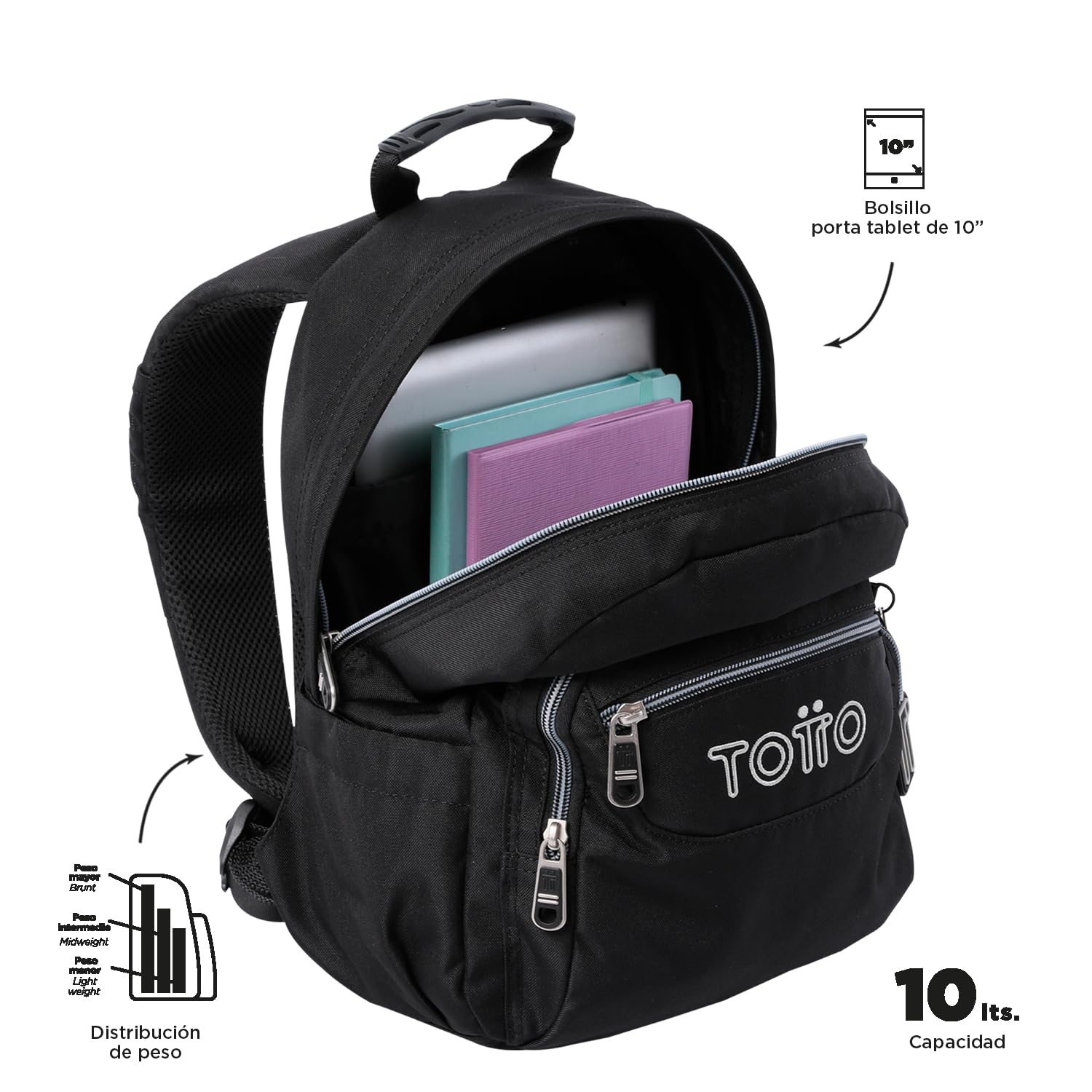 TOTTO - Mochila Escolar, Modelo Tempera, Capacidad 12 L, 3 Bolsillos, Bolsillo Tablet 10", Bolsillo Botella, Espaldar Ergonómico con Flujo de Aire, Cómodas Correas en S, Color Negro
