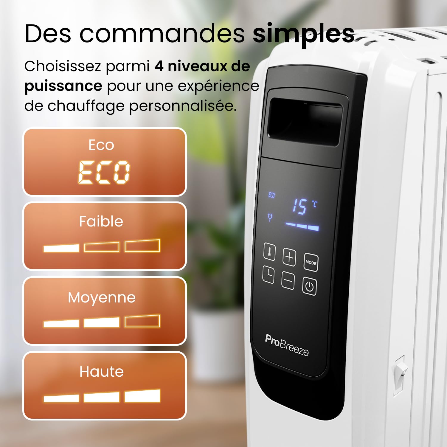 Pro Breeze Radiateur Numérique à Bain d’Huile 2500W, Mobile, Chauffage électrique 10 éléments, Minuteur Intégré, 4 Puissances de Chauffage, Thermostat, Télécommande